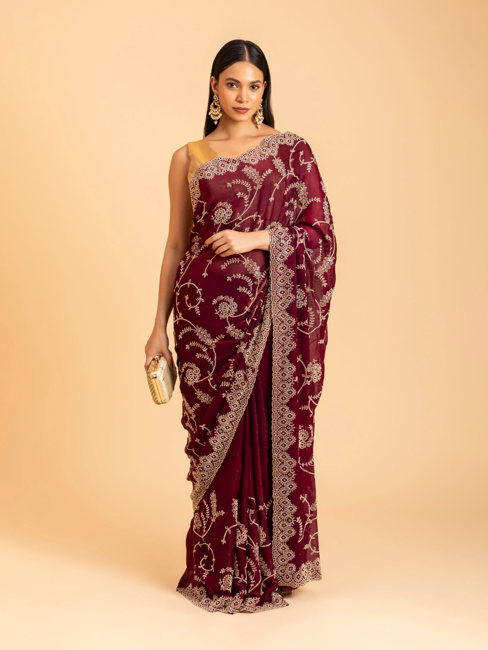Deep Wine Floral Embroidery Scallop Saree