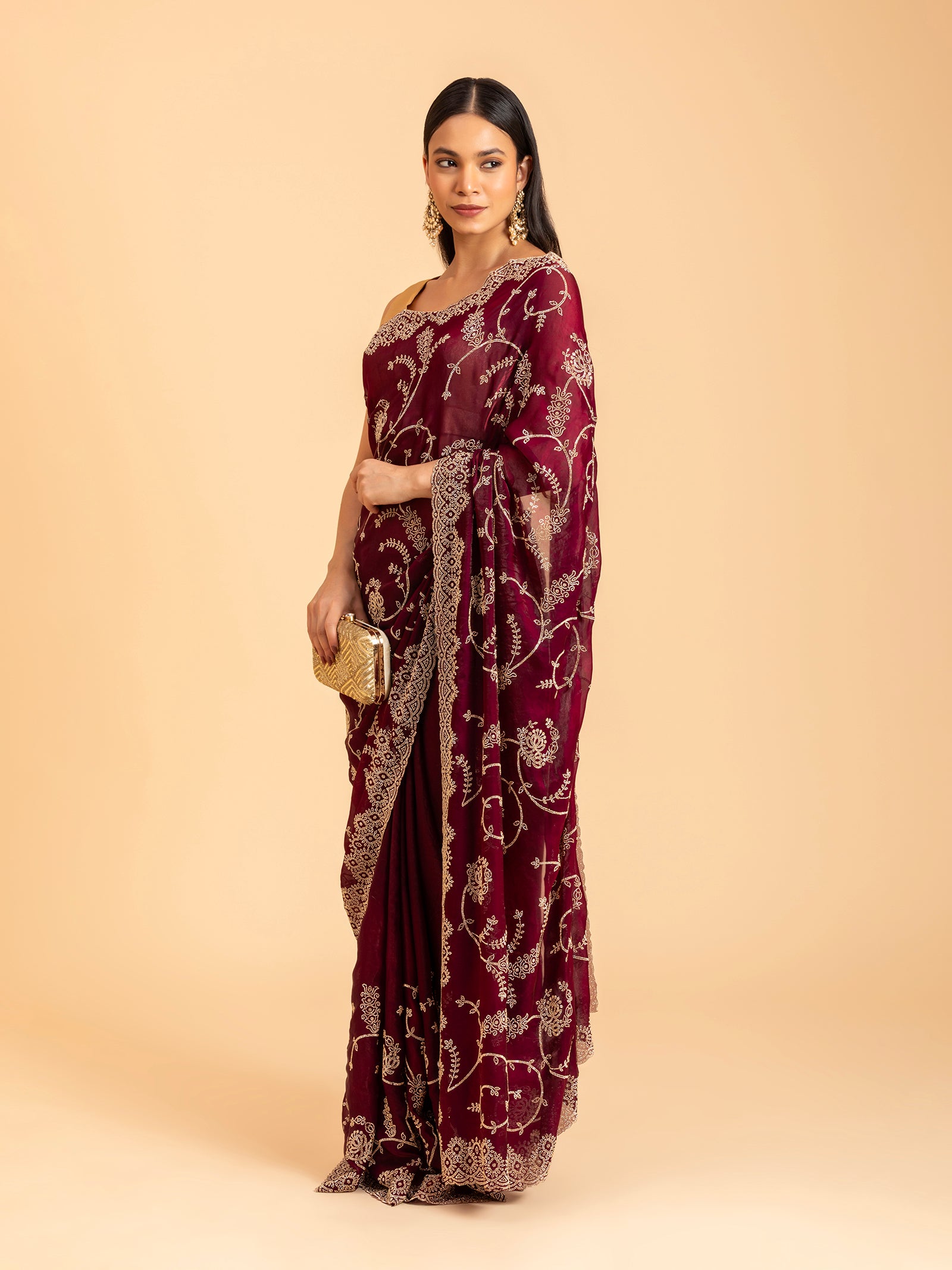 Deep Wine Floral Embroidery Scallop Saree