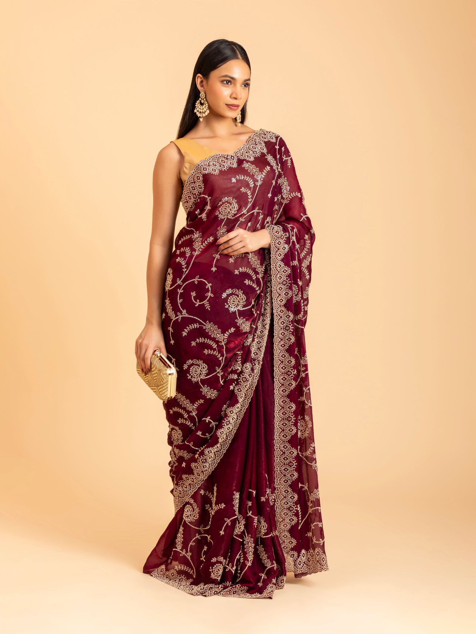 Deep Wine Floral Embroidery Scallop Saree