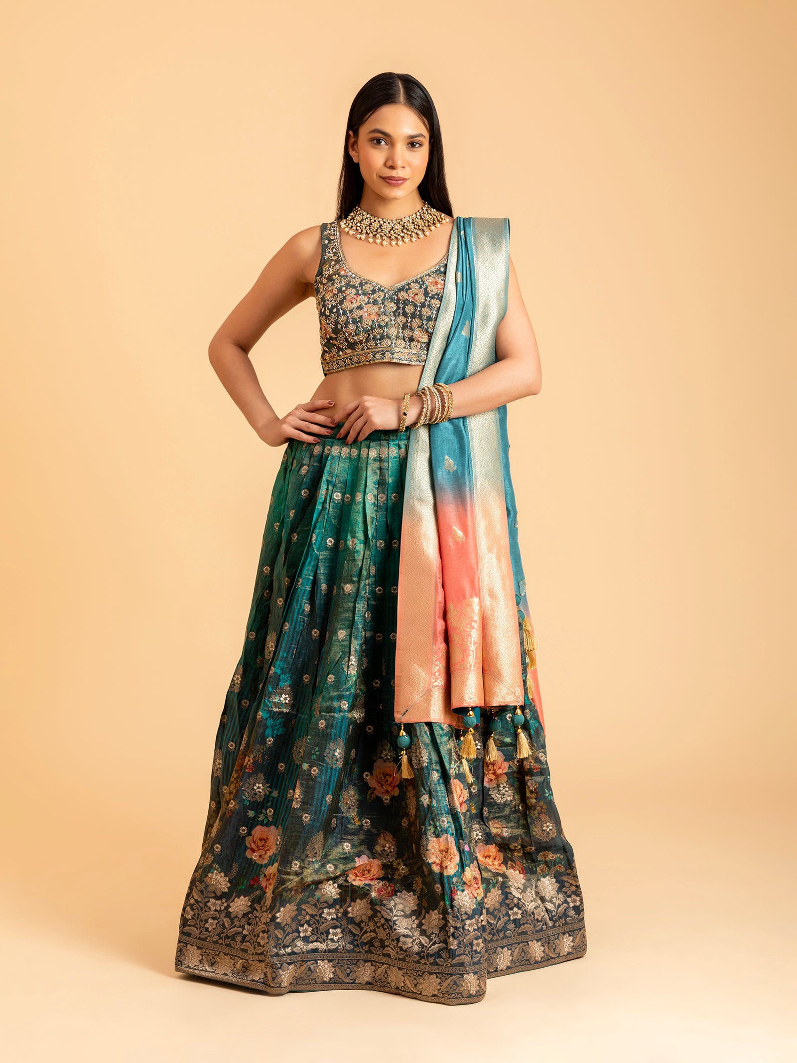 Emerald Teal Floral Banarasi Lehenga