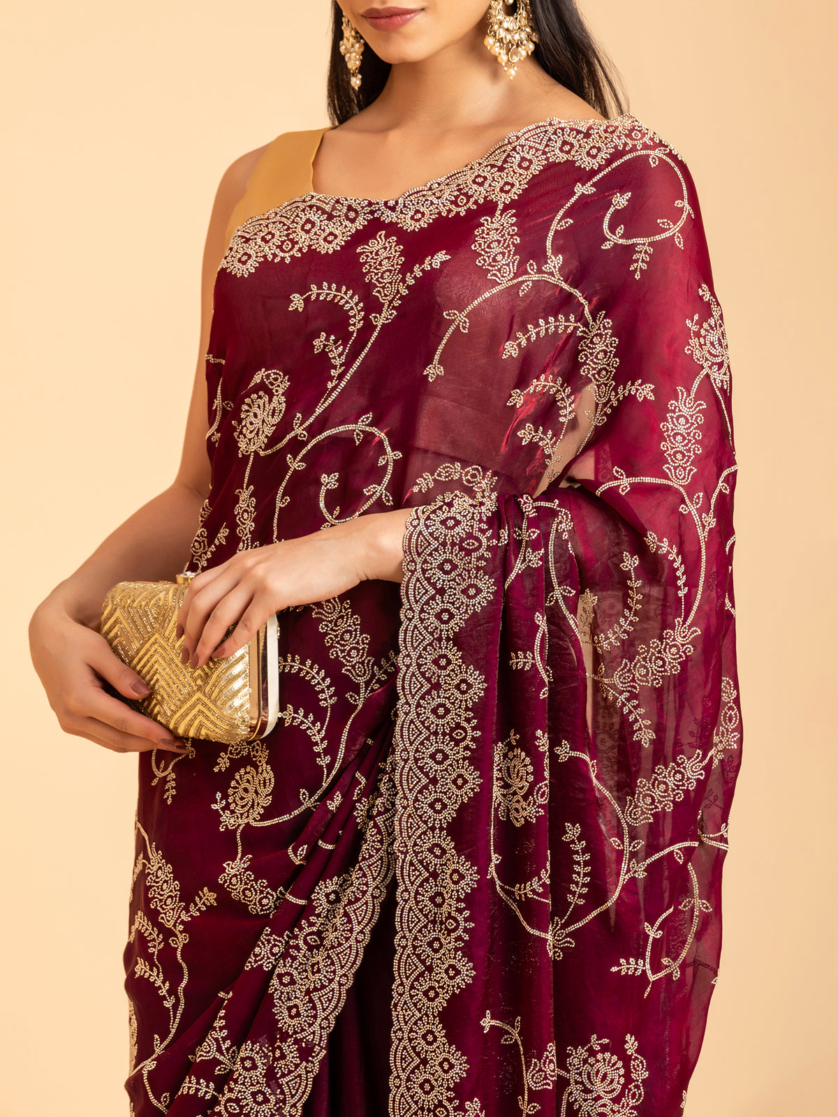 Deep Wine Floral Embroidery Scallop Saree