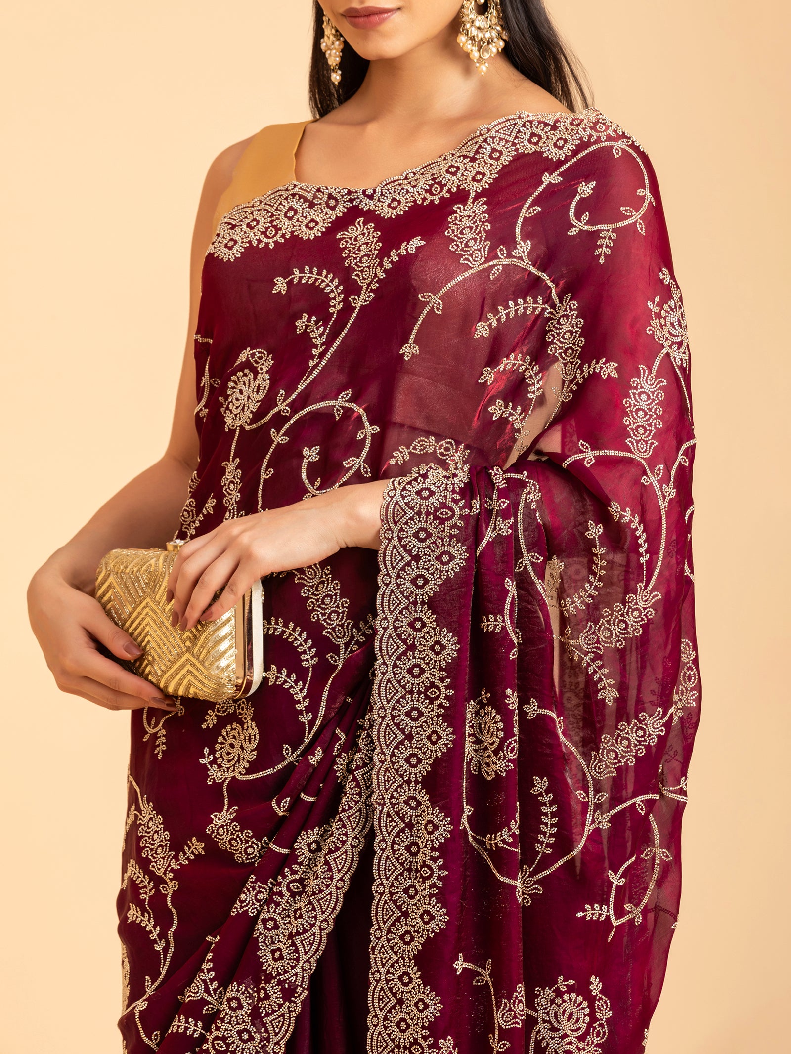 Deep Wine Floral Embroidery Scallop Saree