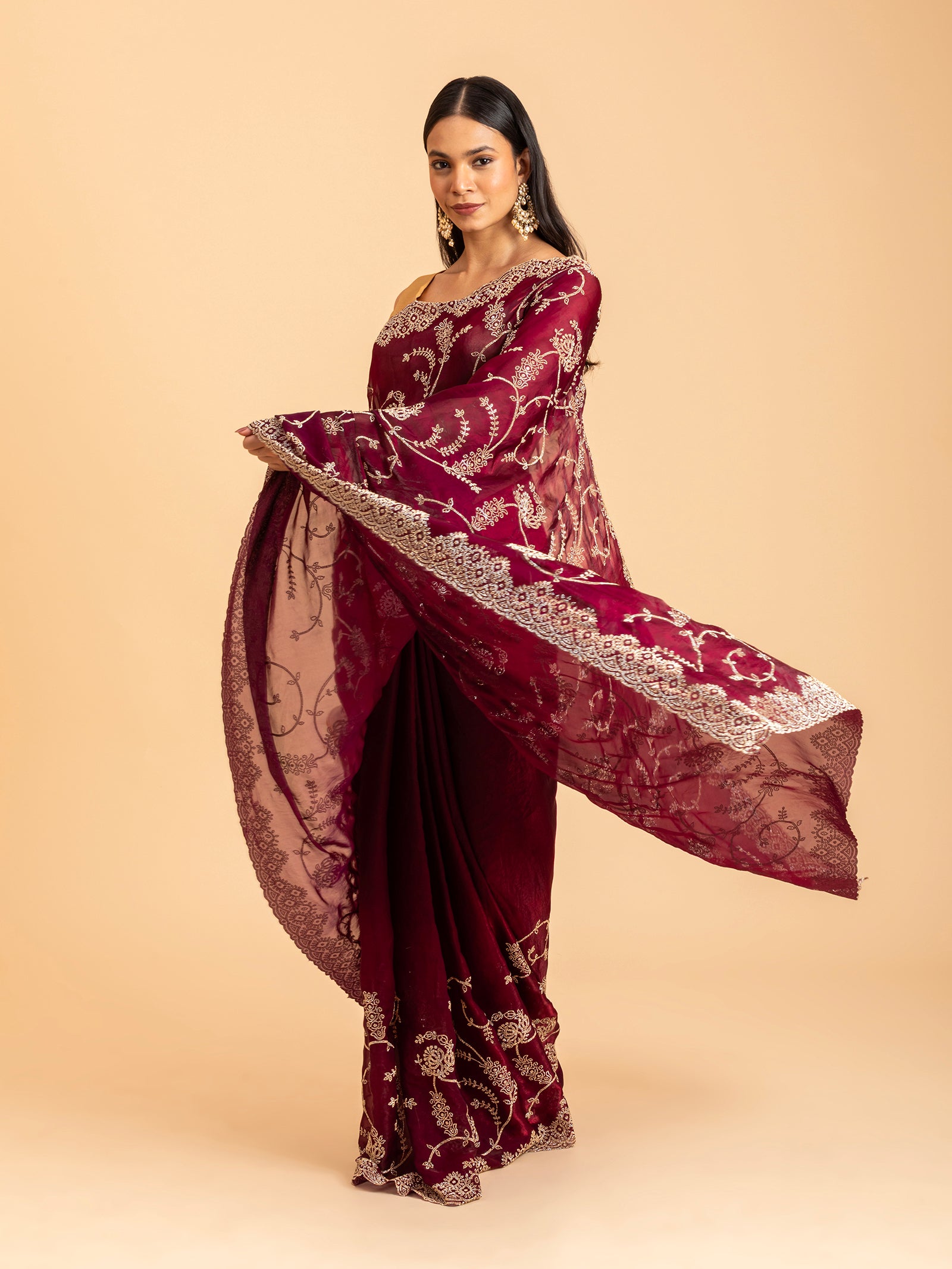 Deep Wine Floral Embroidery Scallop Saree