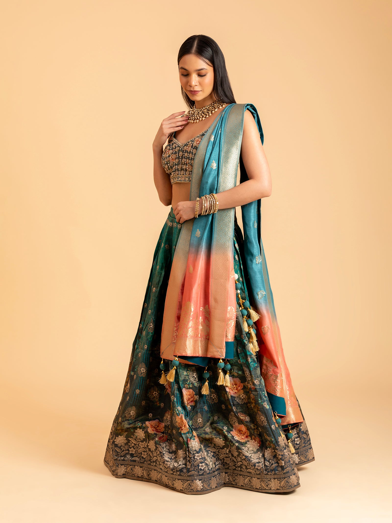 Emerald Teal Floral Banarasi Lehenga