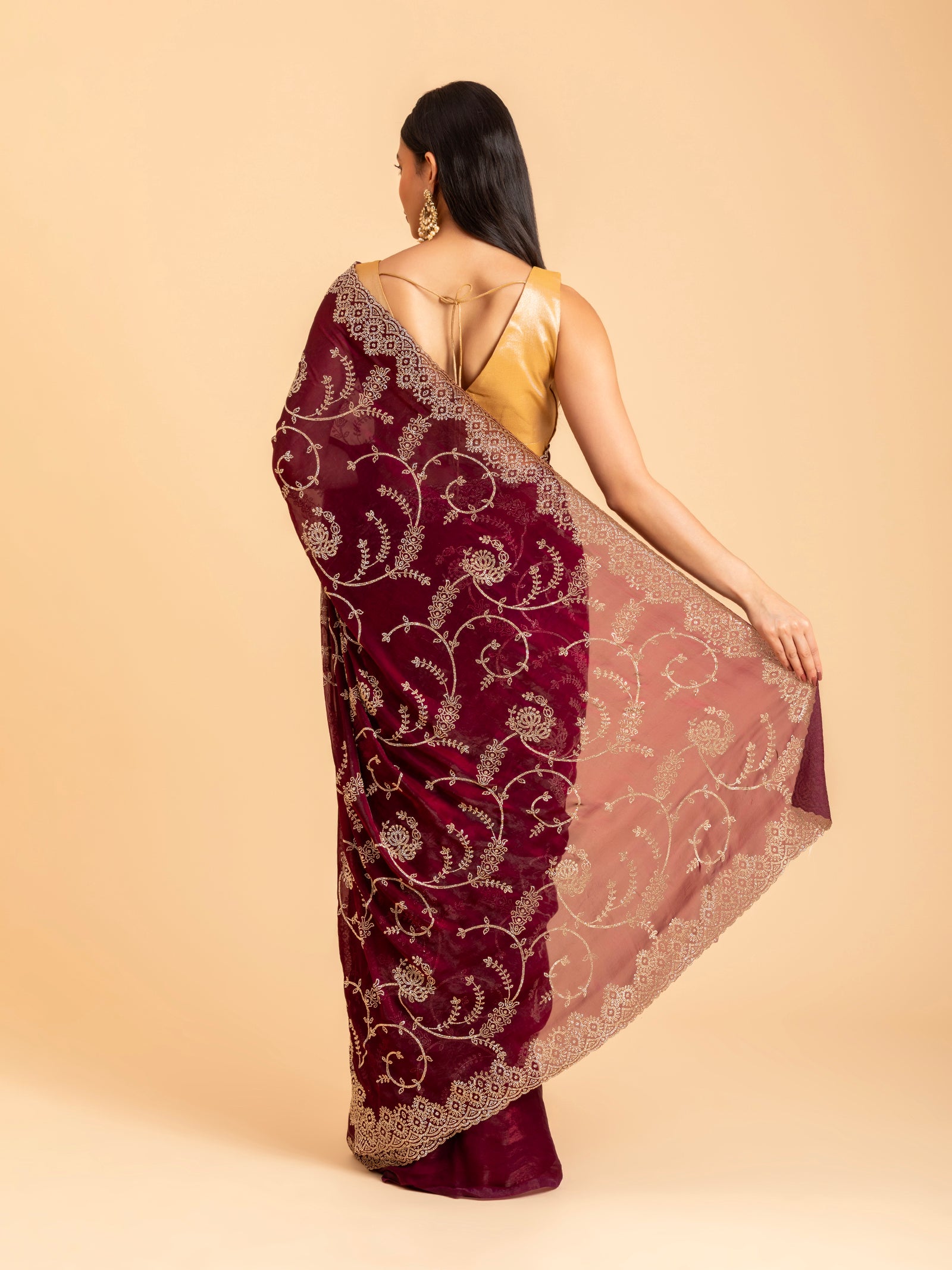 Deep Wine Floral Embroidery Scallop Saree