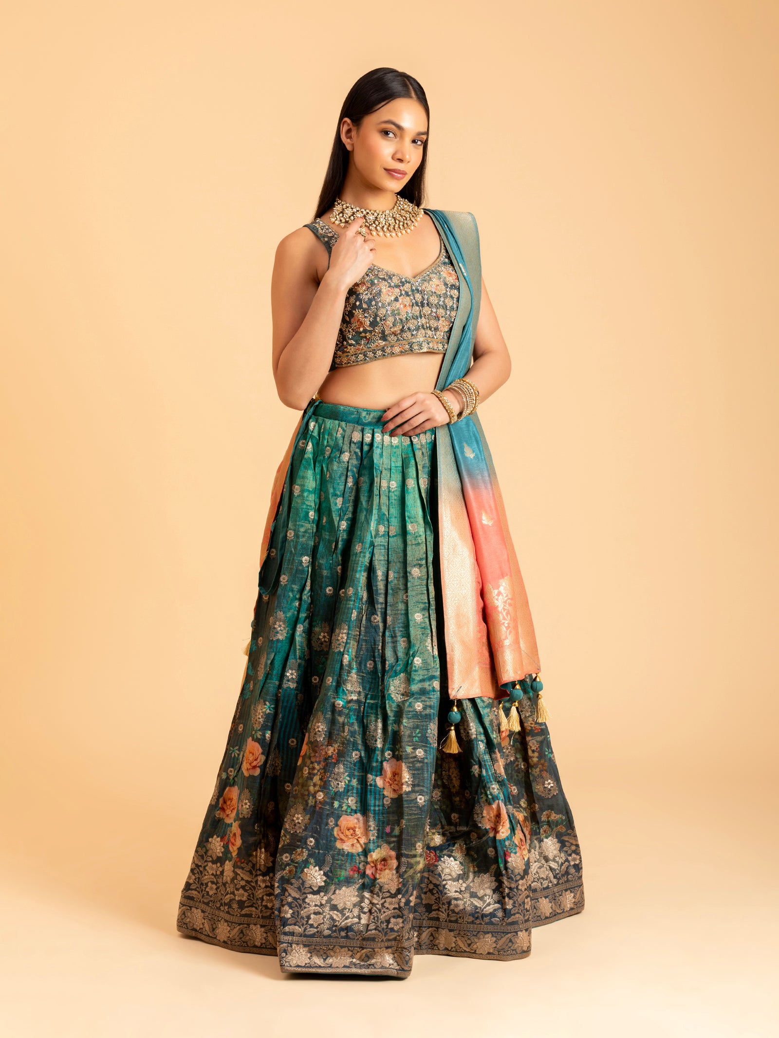Emerald Teal Floral Banarasi Lehenga