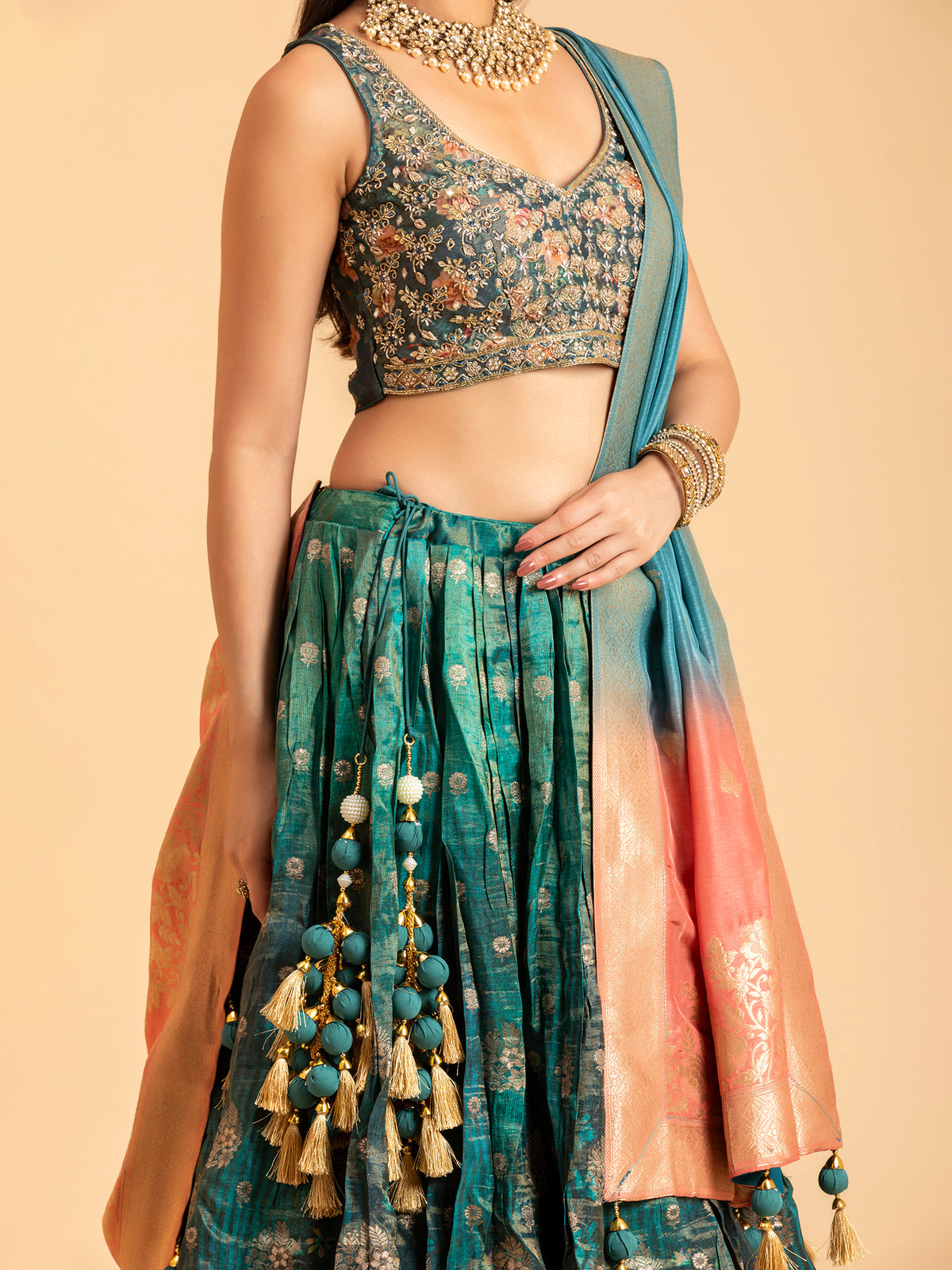 Emerald Teal Floral Banarasi Lehenga