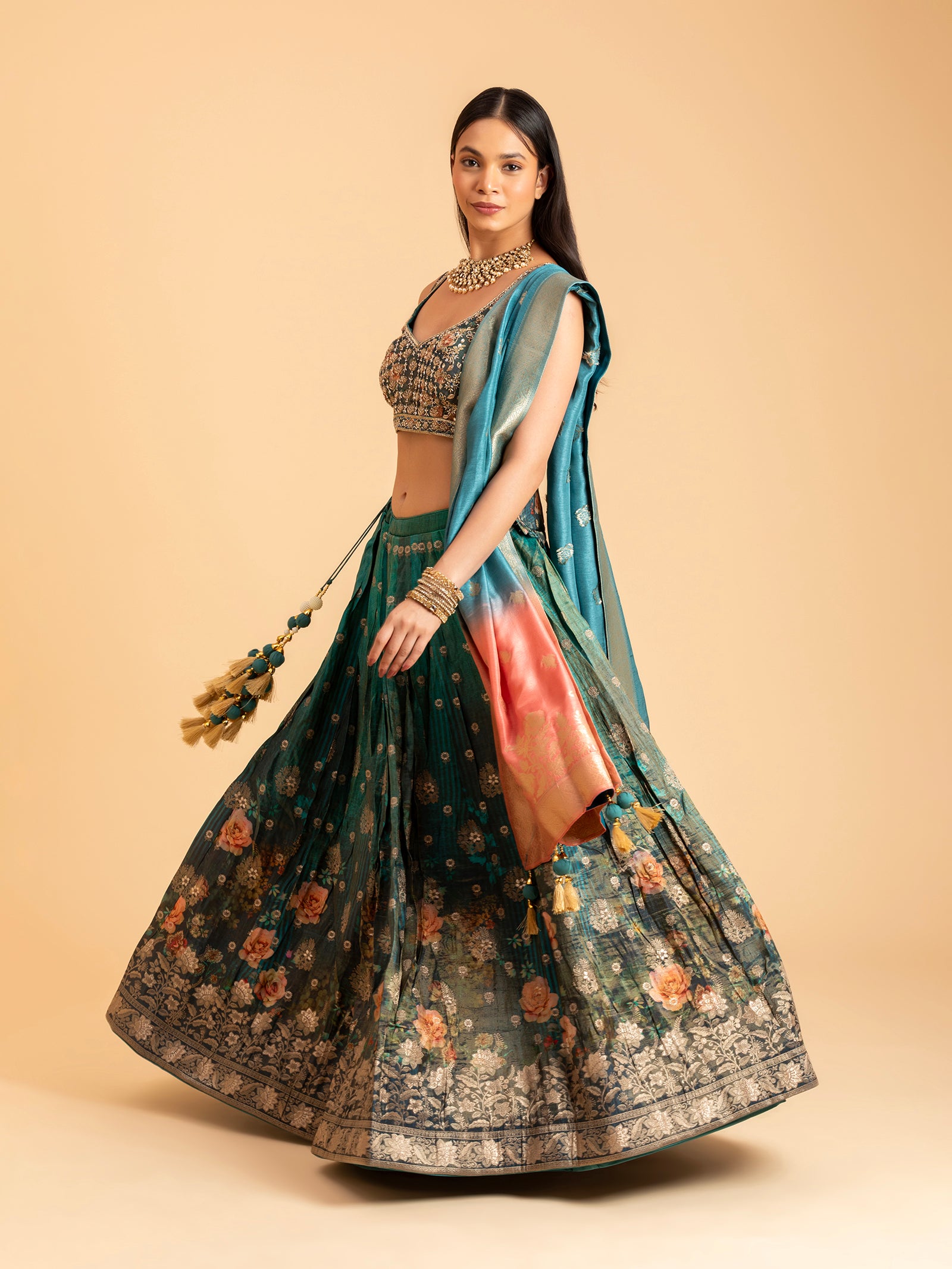 Emerald Teal Floral Banarasi Lehenga