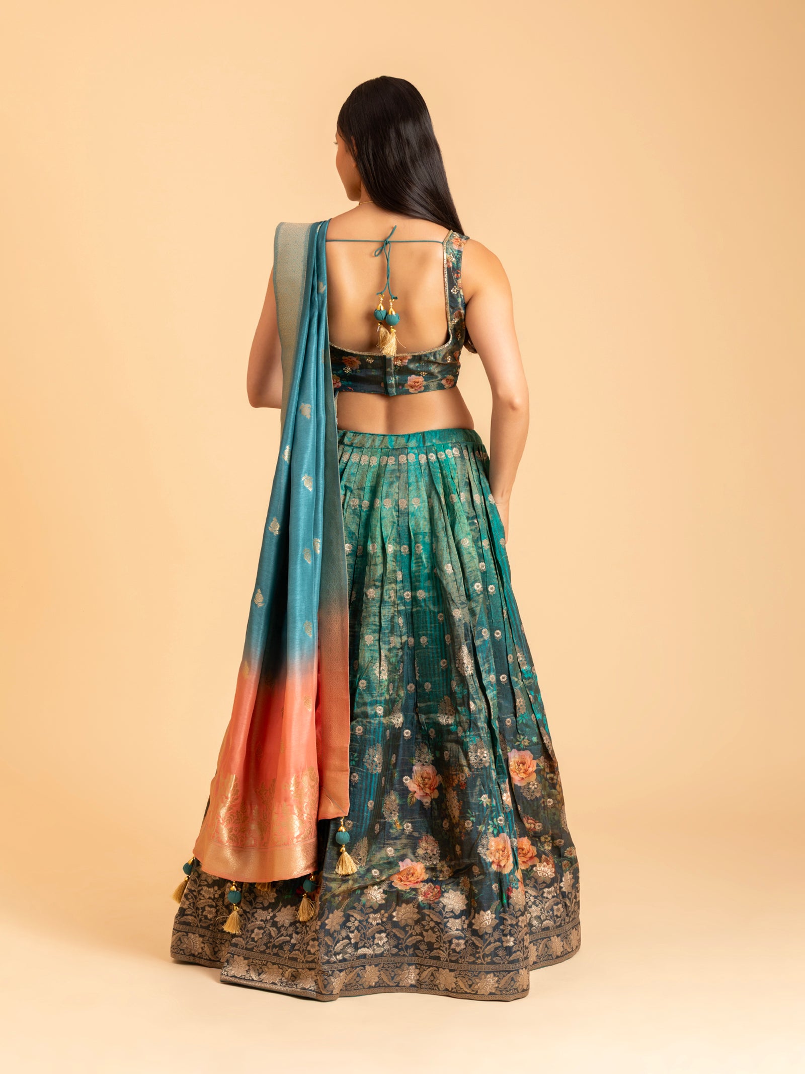 Emerald Teal Floral Banarasi Lehenga