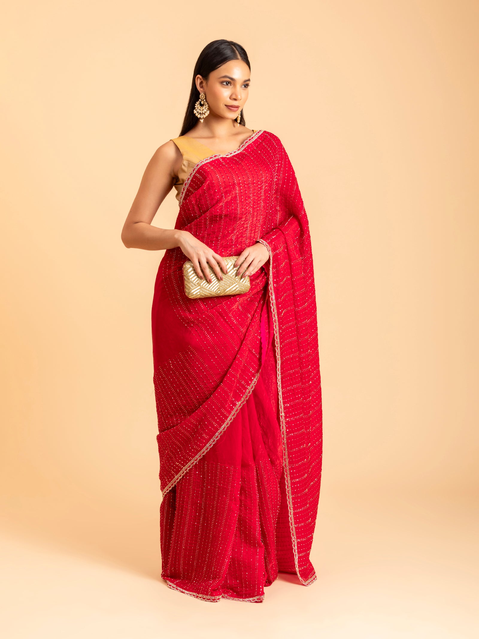 Crimson Red Stripe Saree