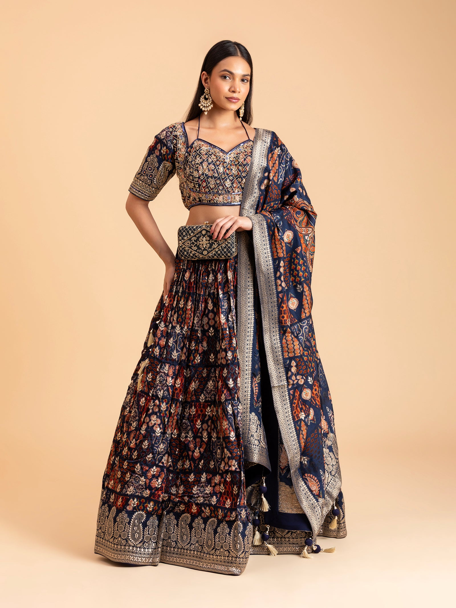 Navy Printed Heritage Mosaic Lehenga