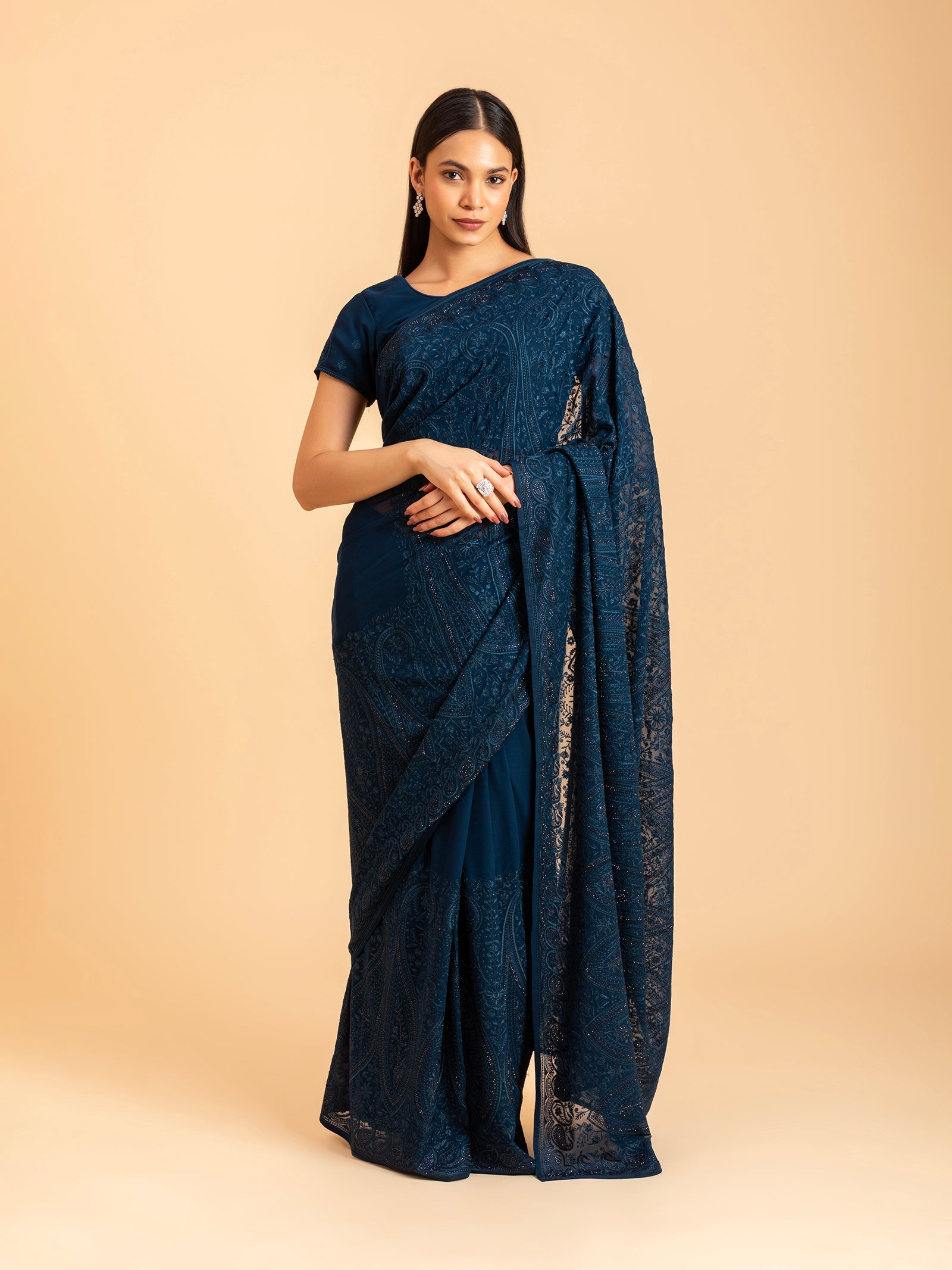 Ink Blue Tonal Chikankari Saree