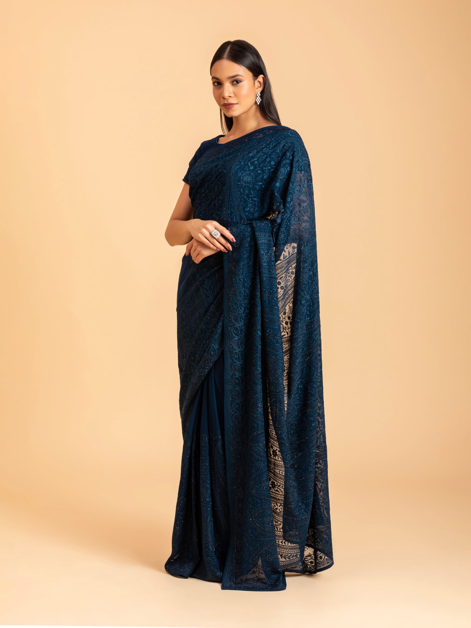 Ink Blue Tonal Chikankari Saree