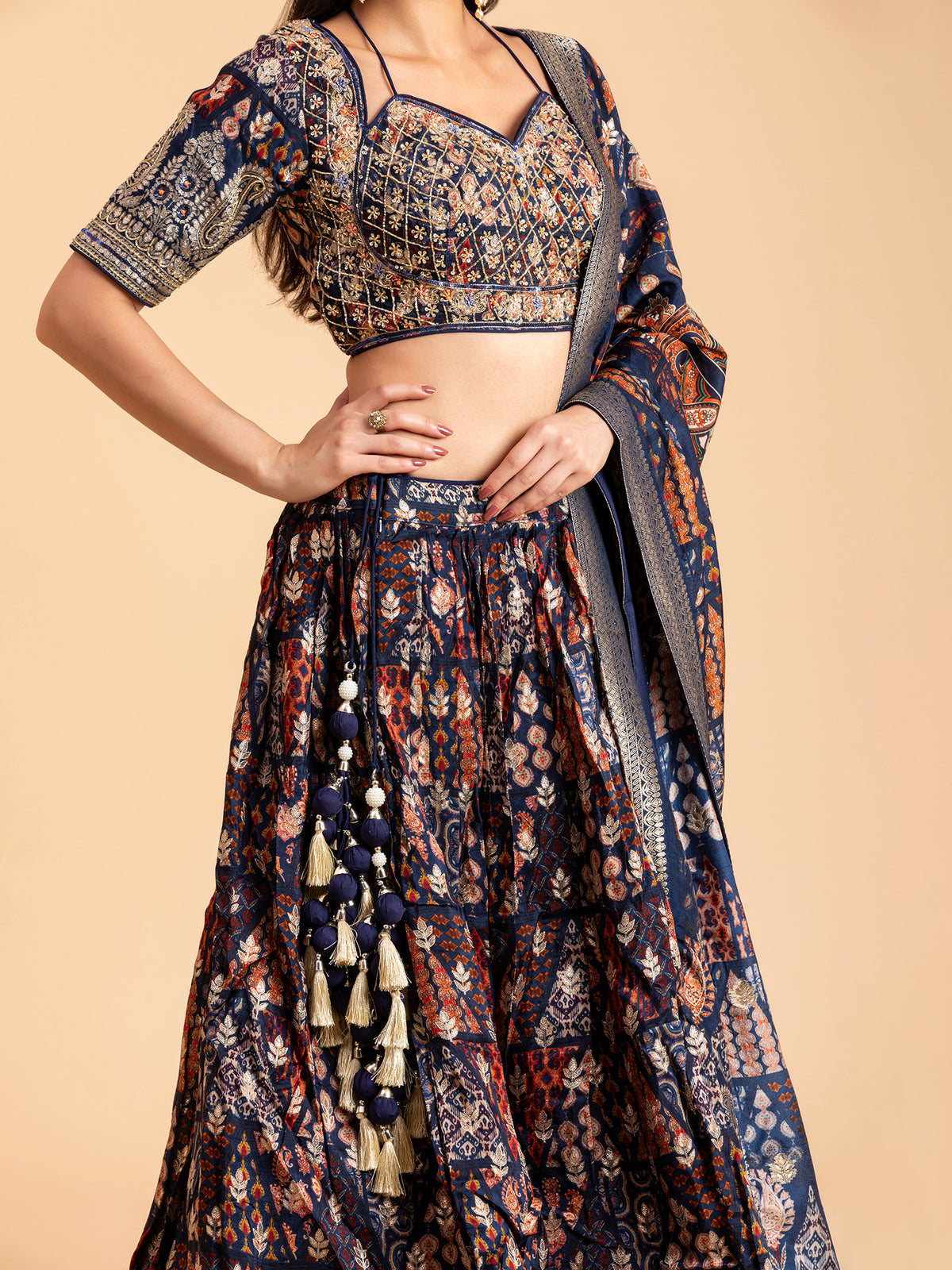 Navy Printed Heritage Mosaic Lehenga