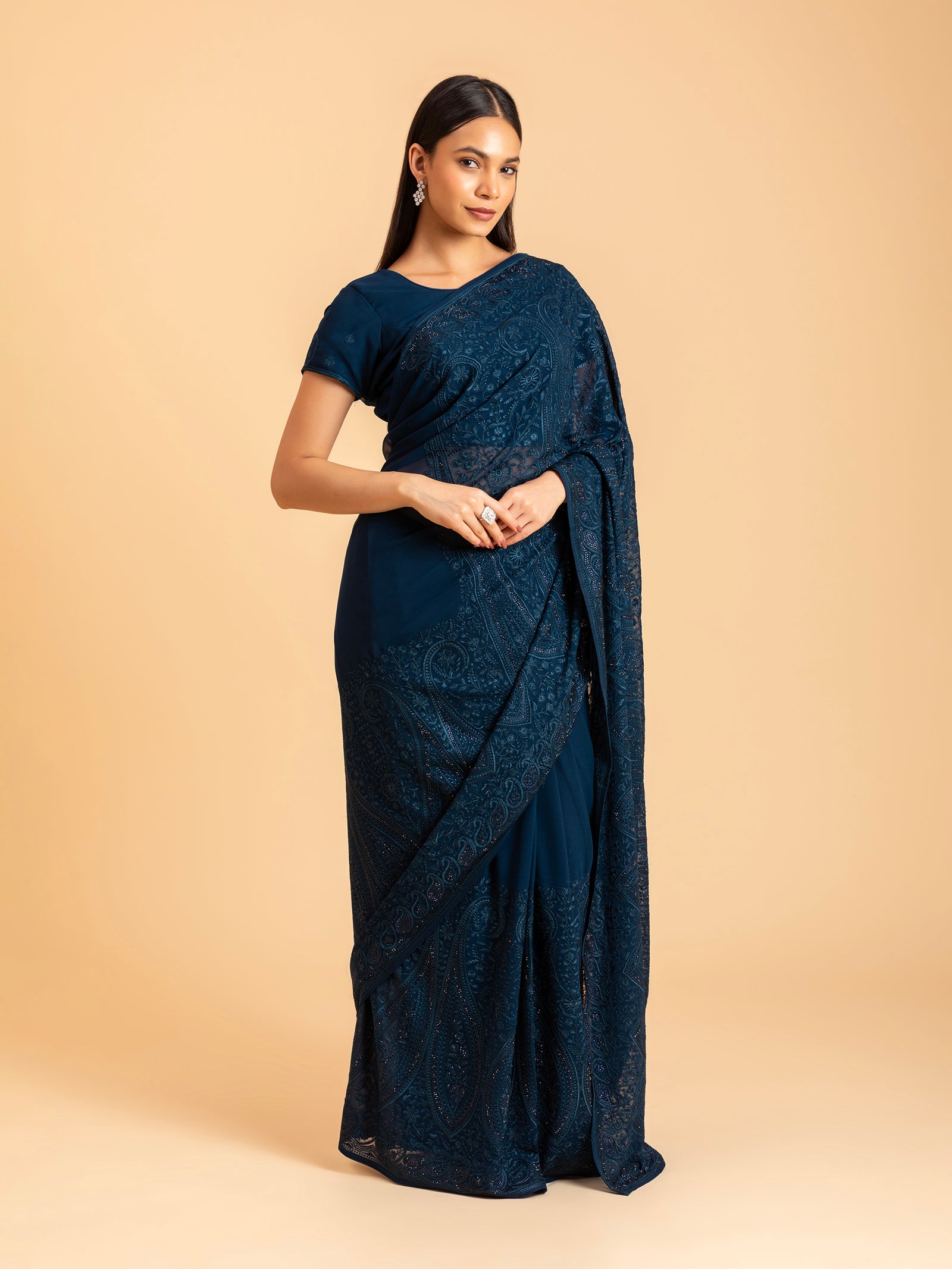 Ink Blue Tonal Chikankari Saree