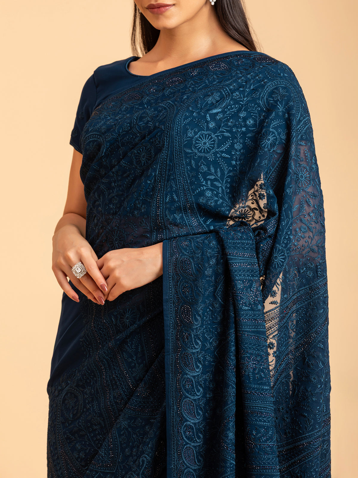 Ink Blue Tonal Chikankari Saree