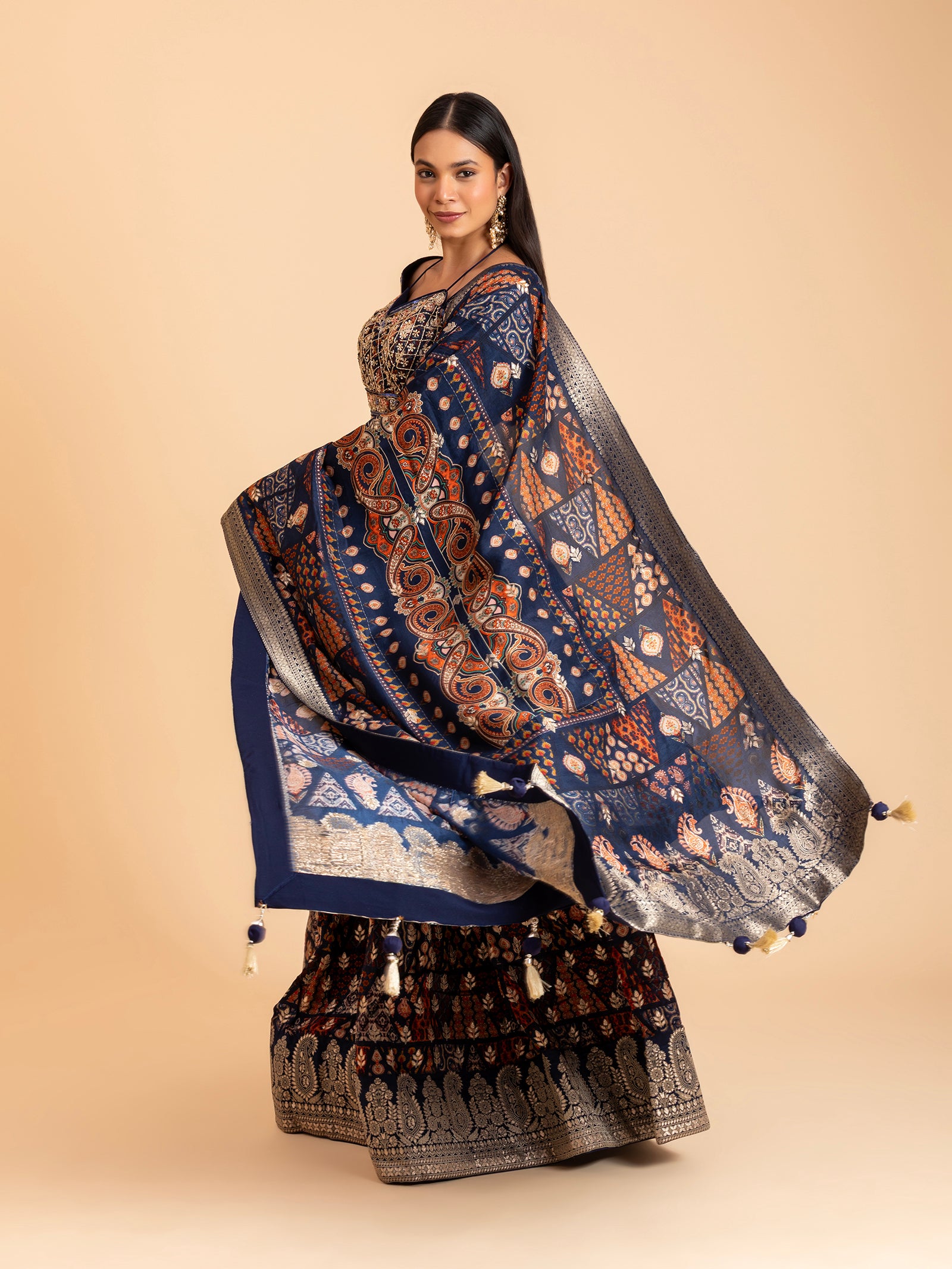 Navy Printed Heritage Mosaic Lehenga