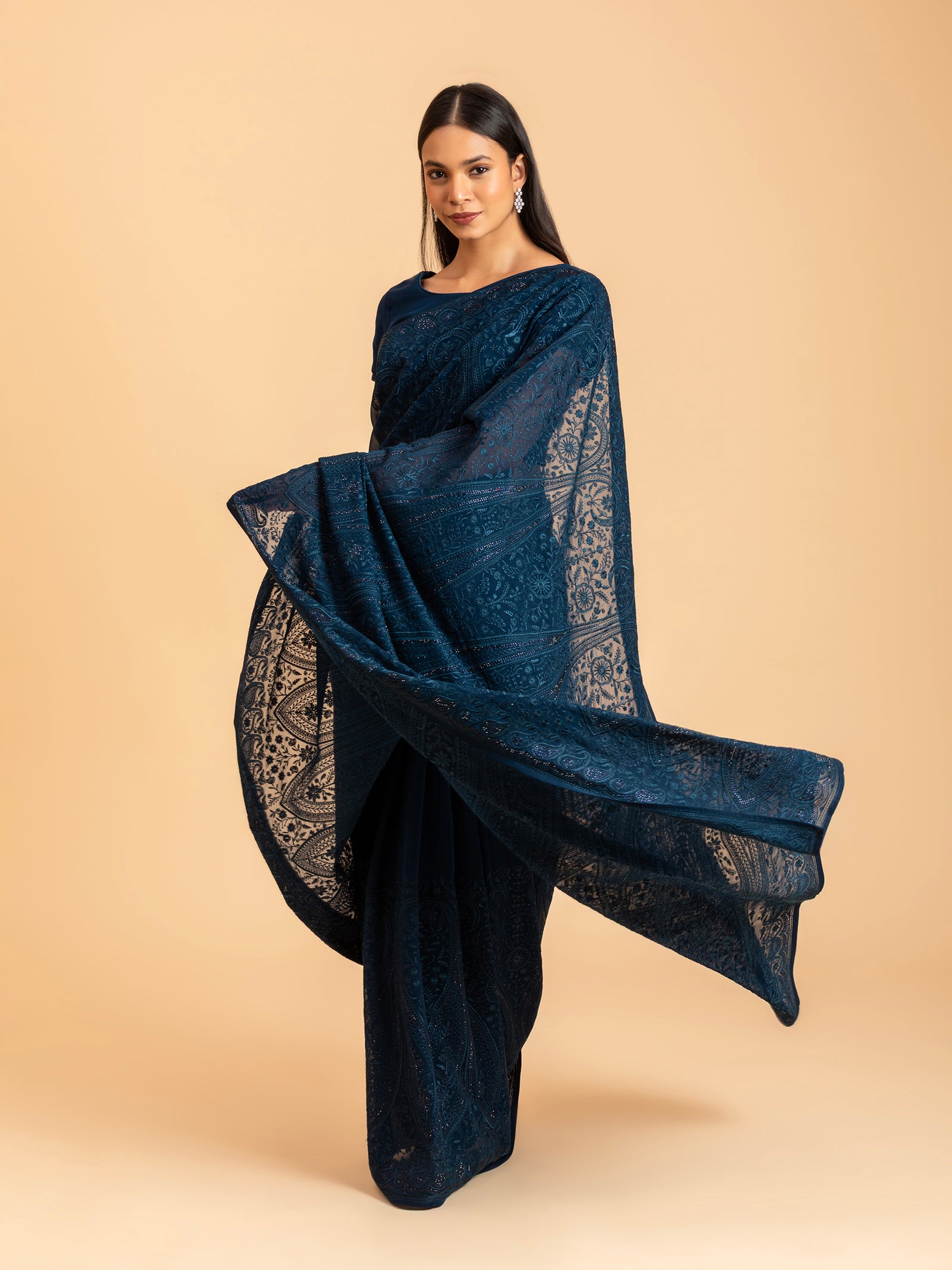 Ink Blue Tonal Chikankari Saree