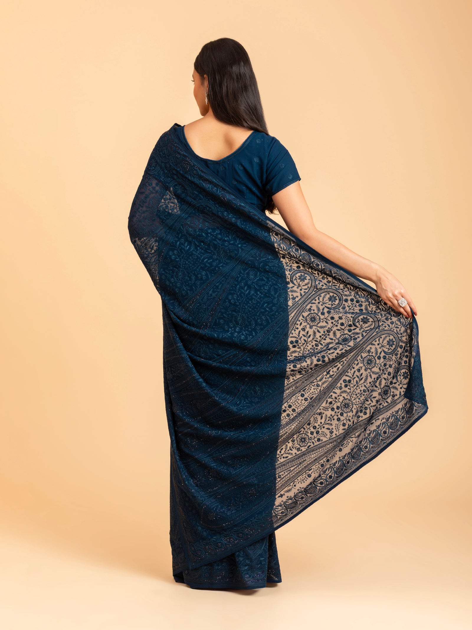 Ink Blue Tonal Chikankari Saree