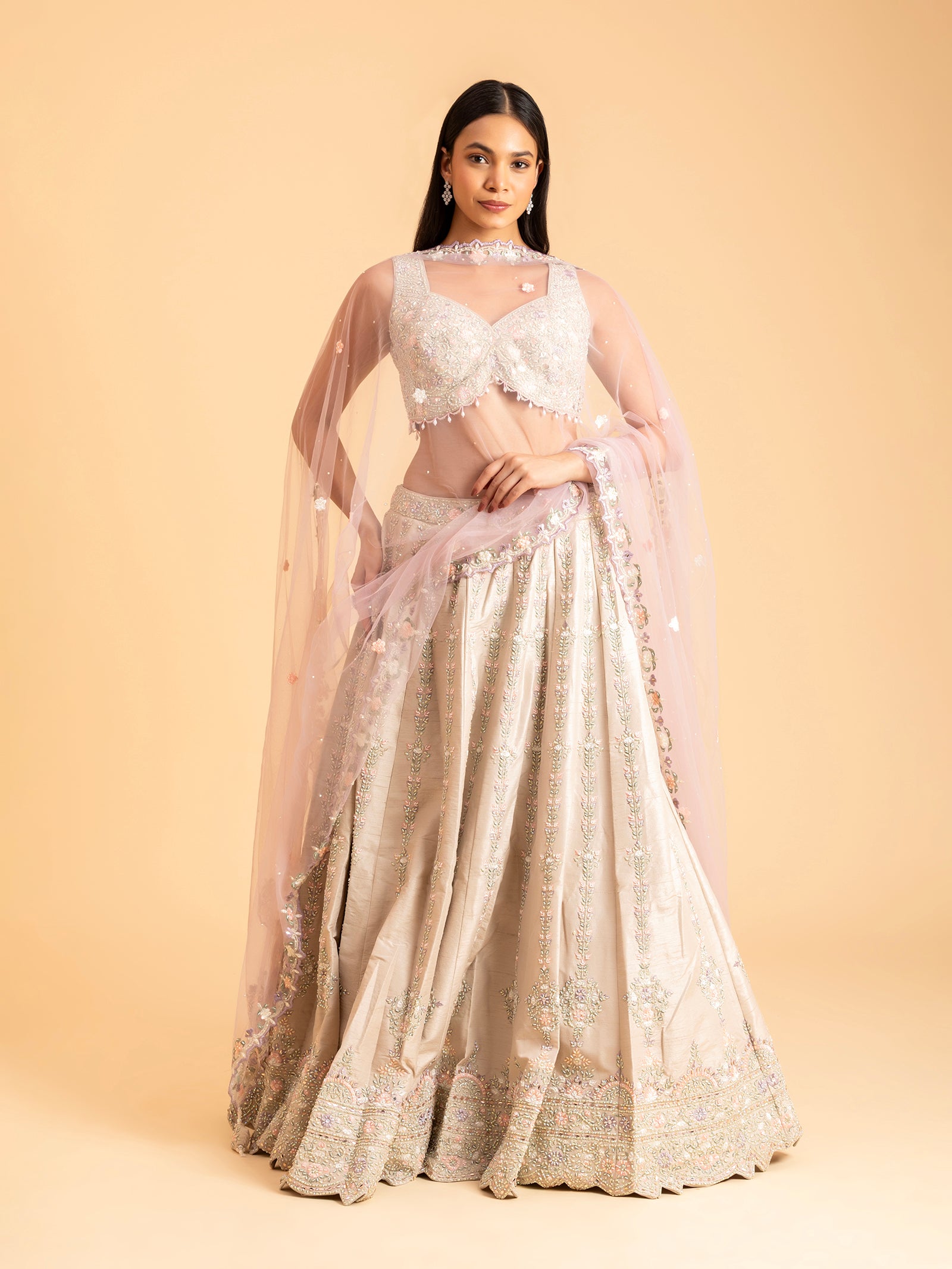 Champagne Lavender Floral Embroidered Lehenga