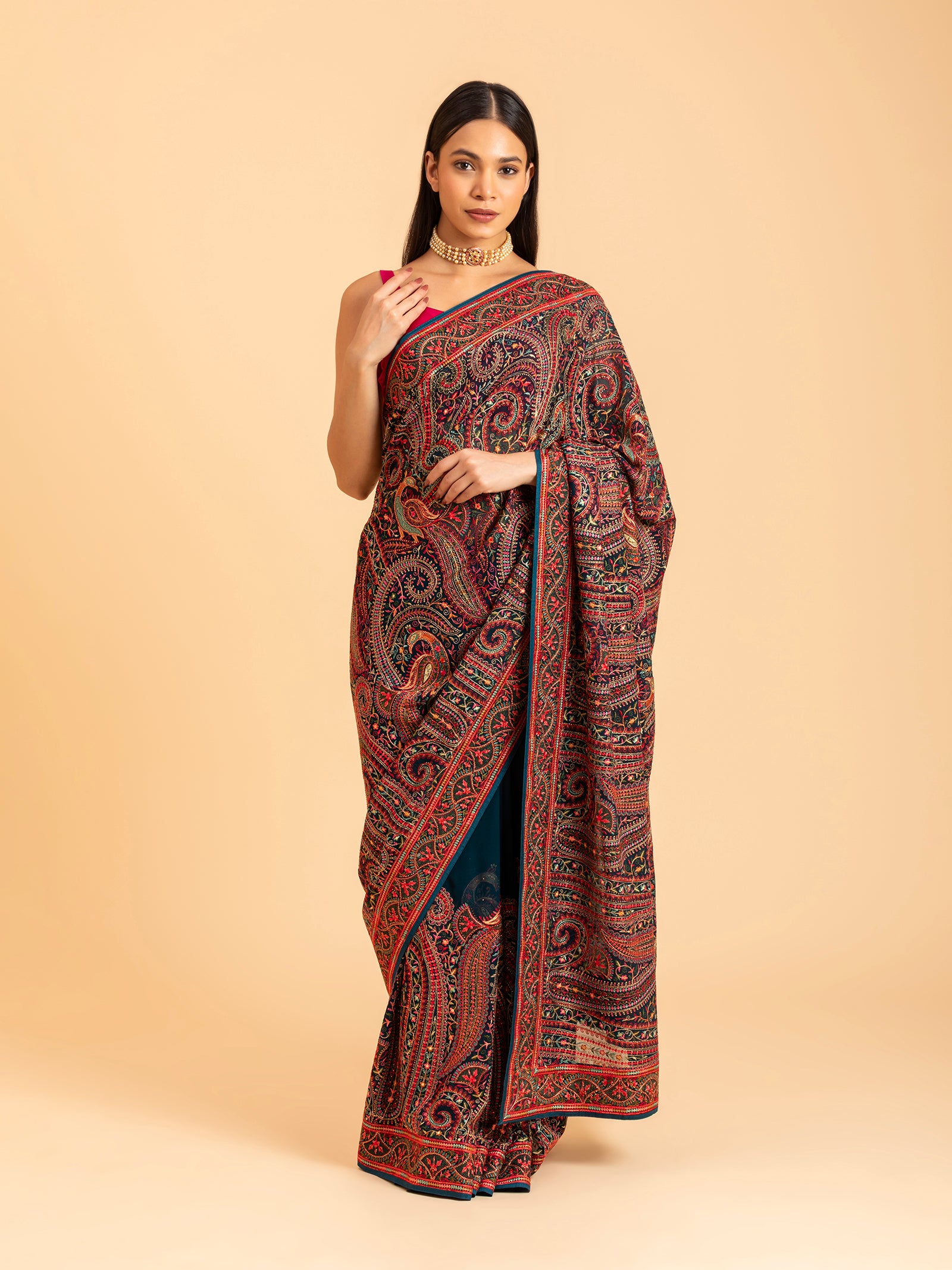 Crimson & Forest Paisley Saree