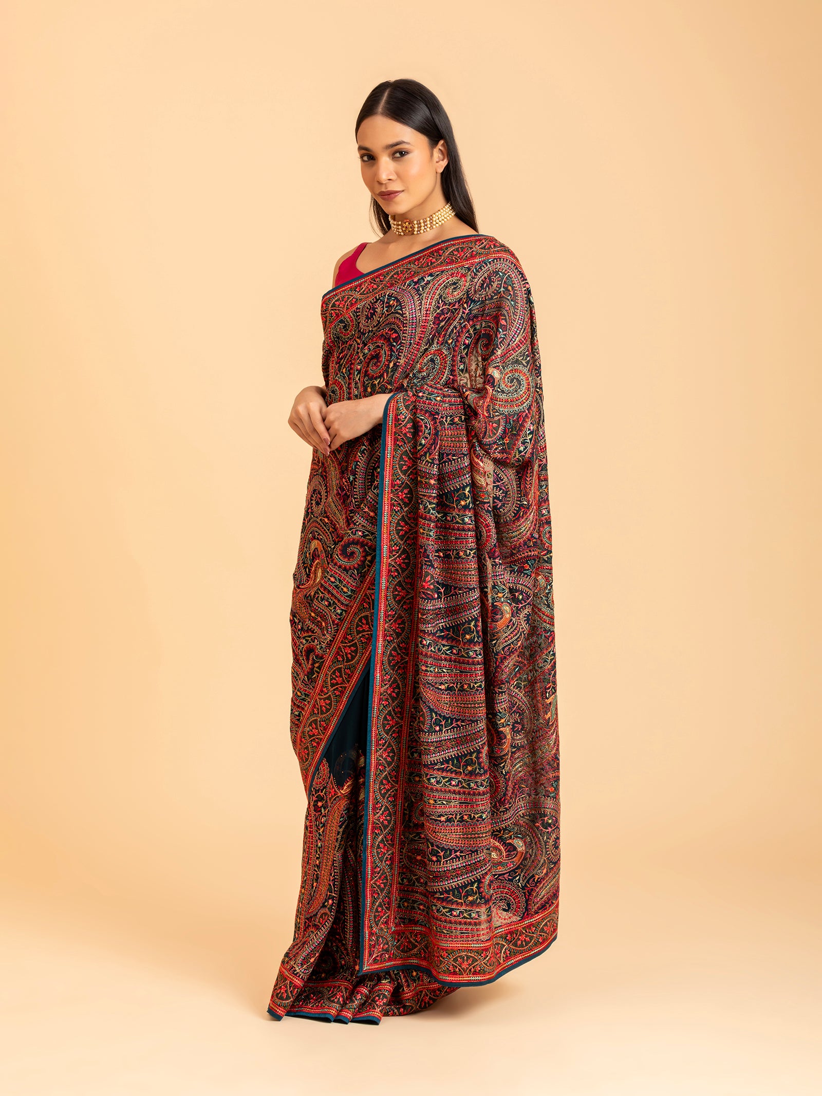 Crimson & Forest Paisley Saree