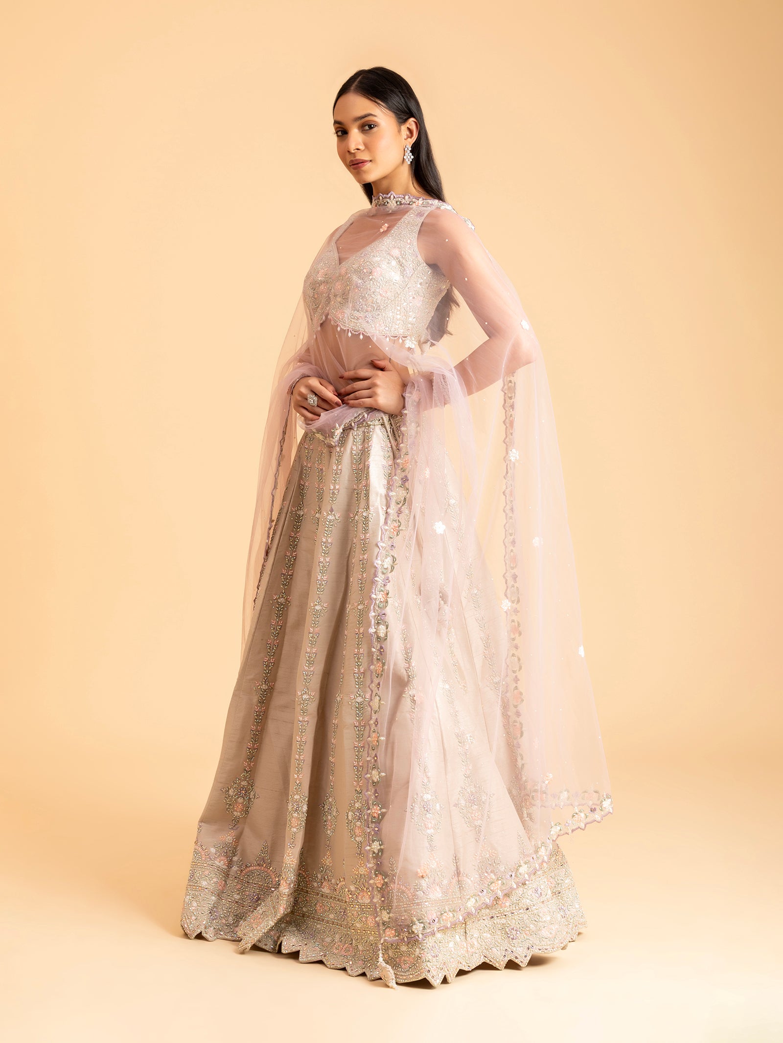 Champagne Lavender Floral Embroidered Lehenga
