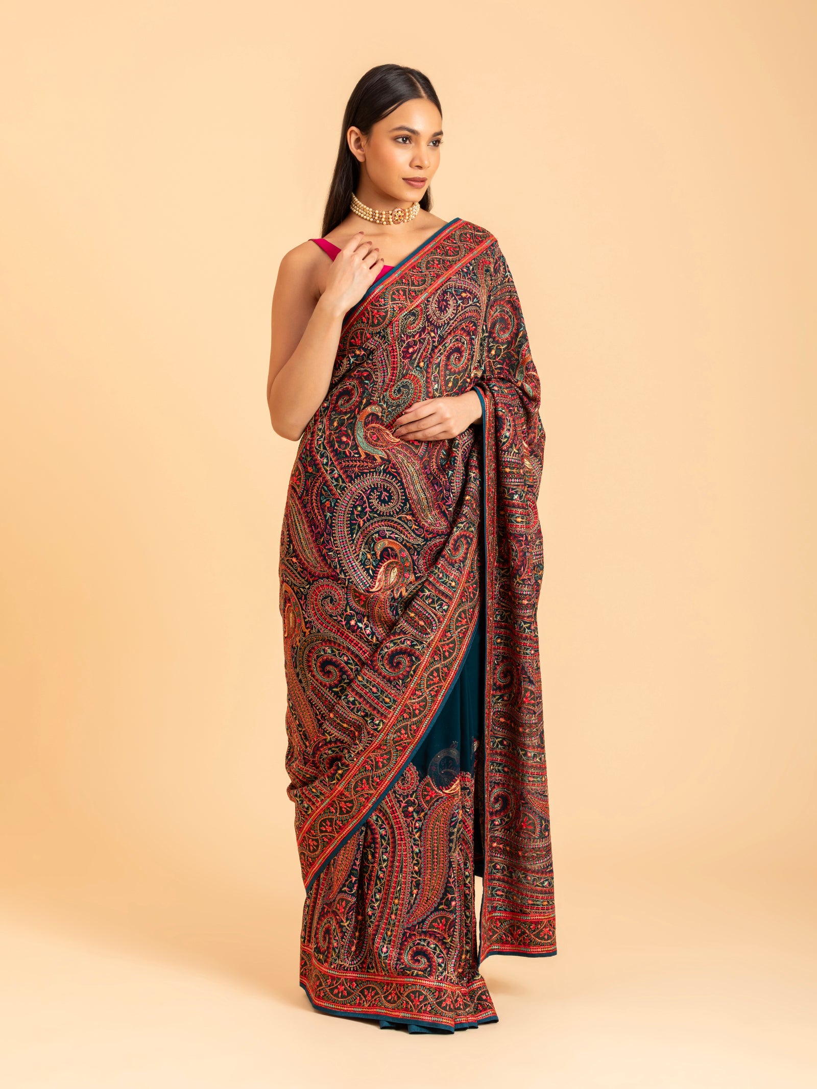 Crimson & Forest Paisley Saree