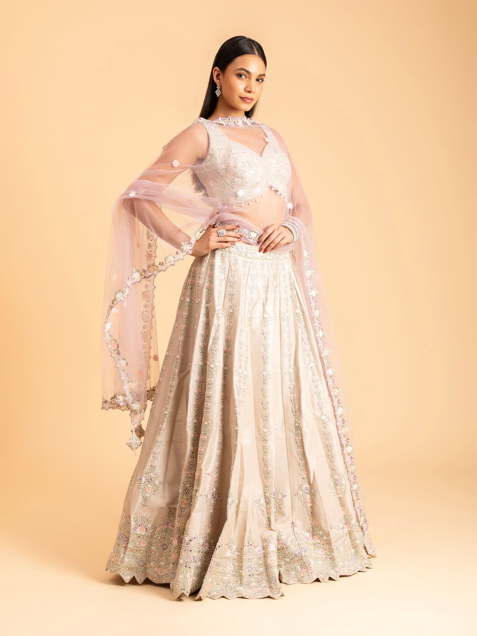 Champagne Lavender Floral Embroidered Lehenga