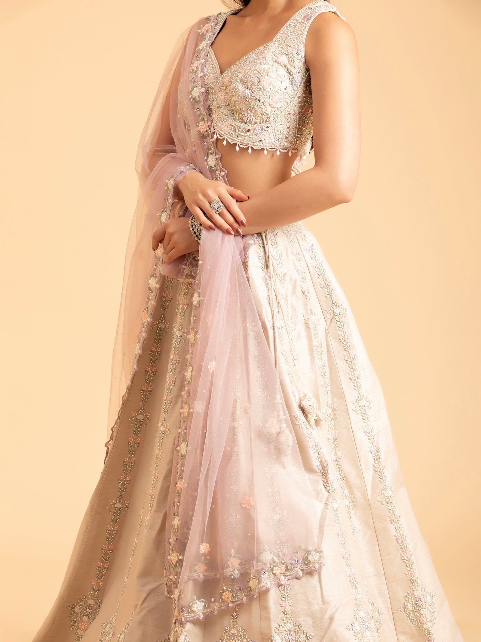 Champagne Lavender Floral Embroidered Lehenga