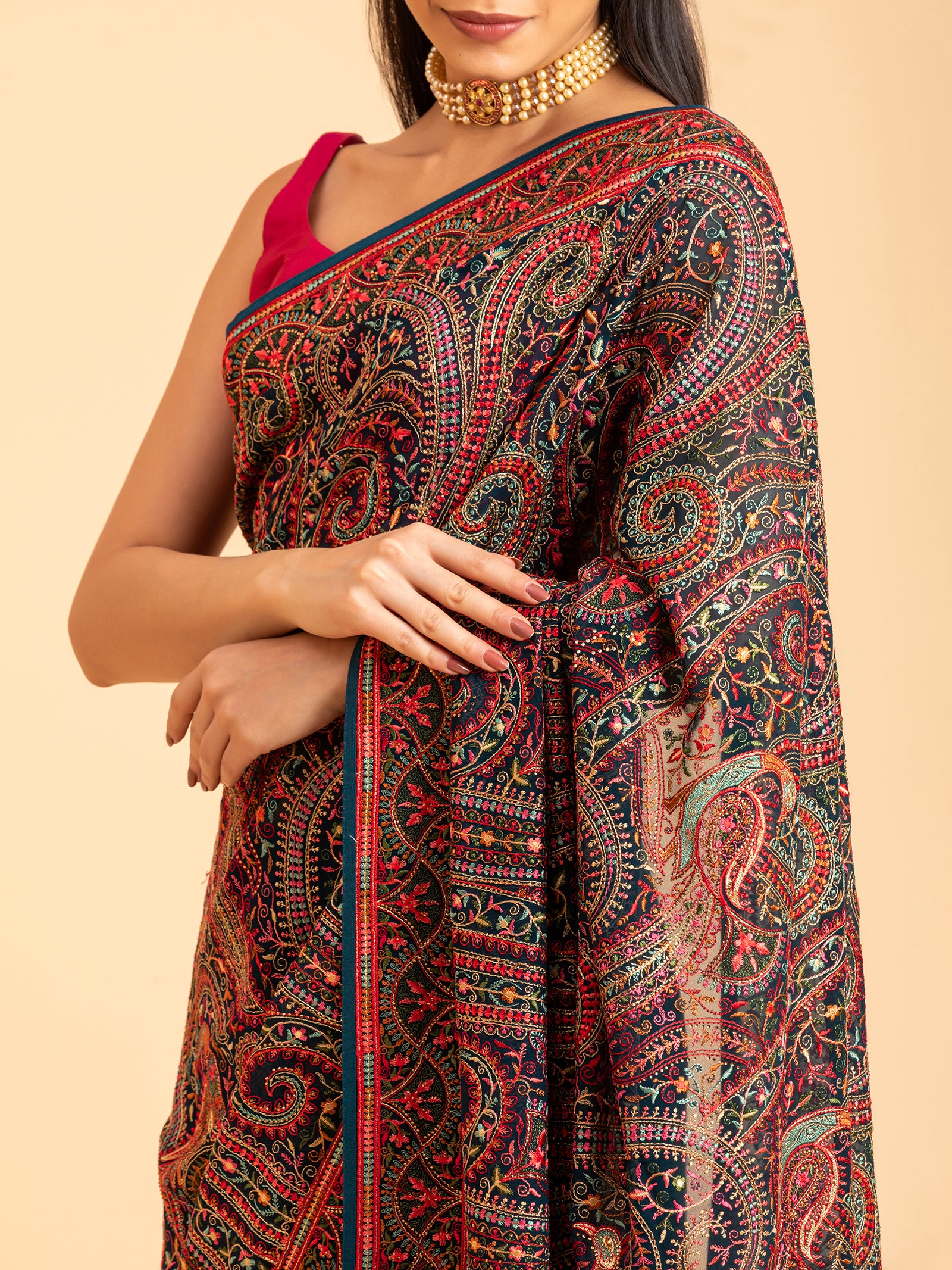 Crimson & Forest Paisley Saree