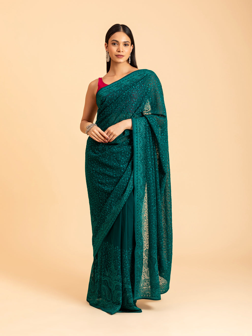 Emerald Teal Tonal Chikankari Saree
