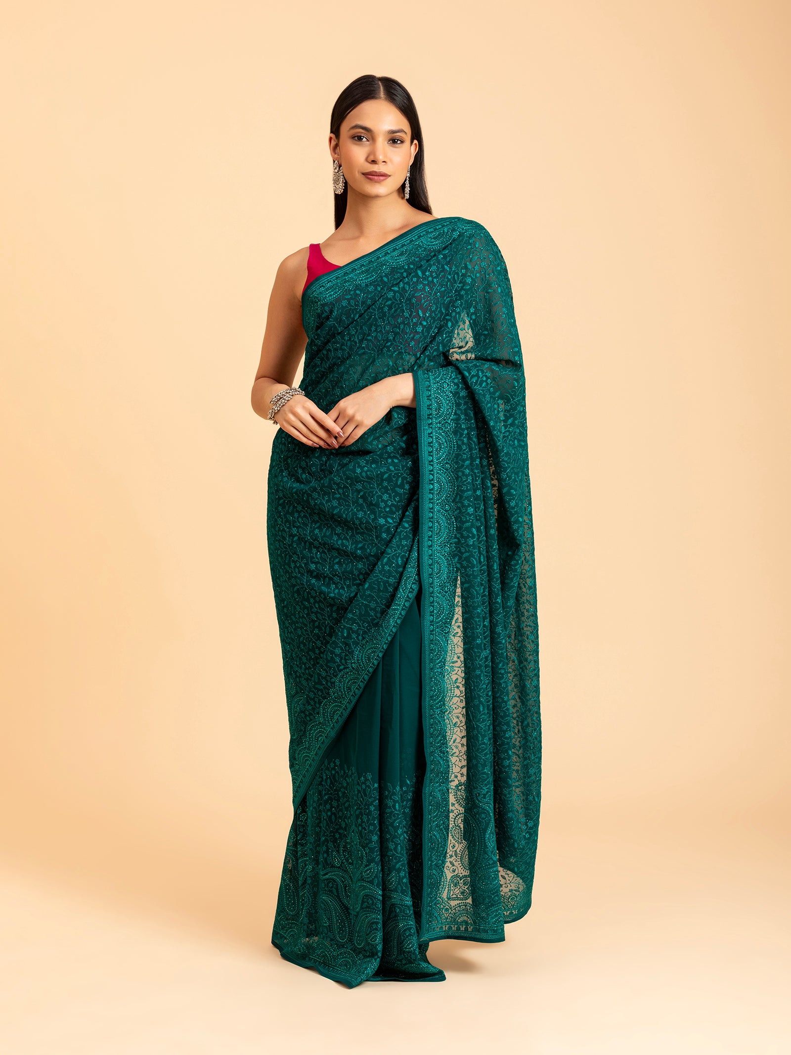 Emerald Teal Tonal Chikankari Saree