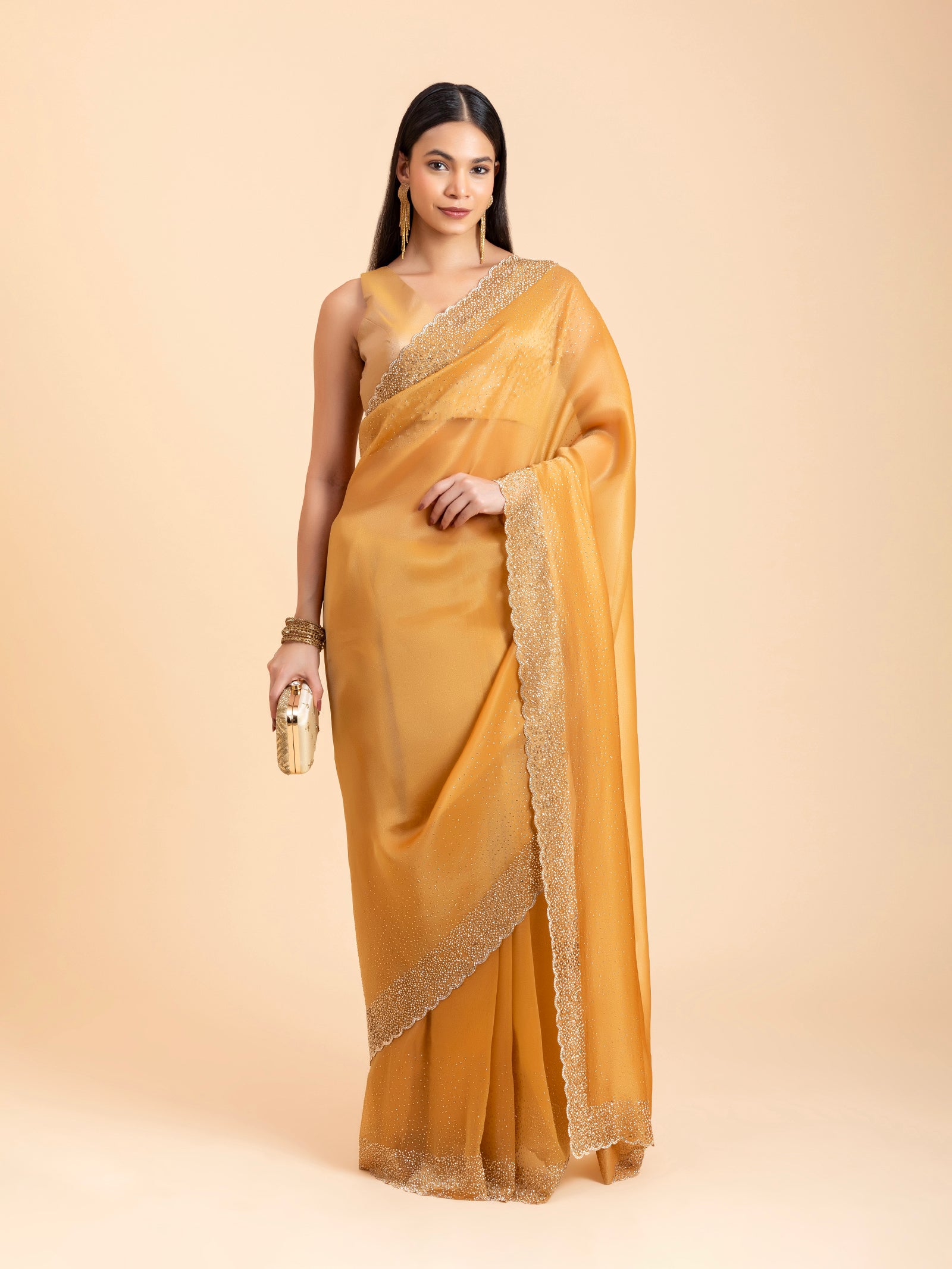 Amber Honey Scalloped Crystal Saree