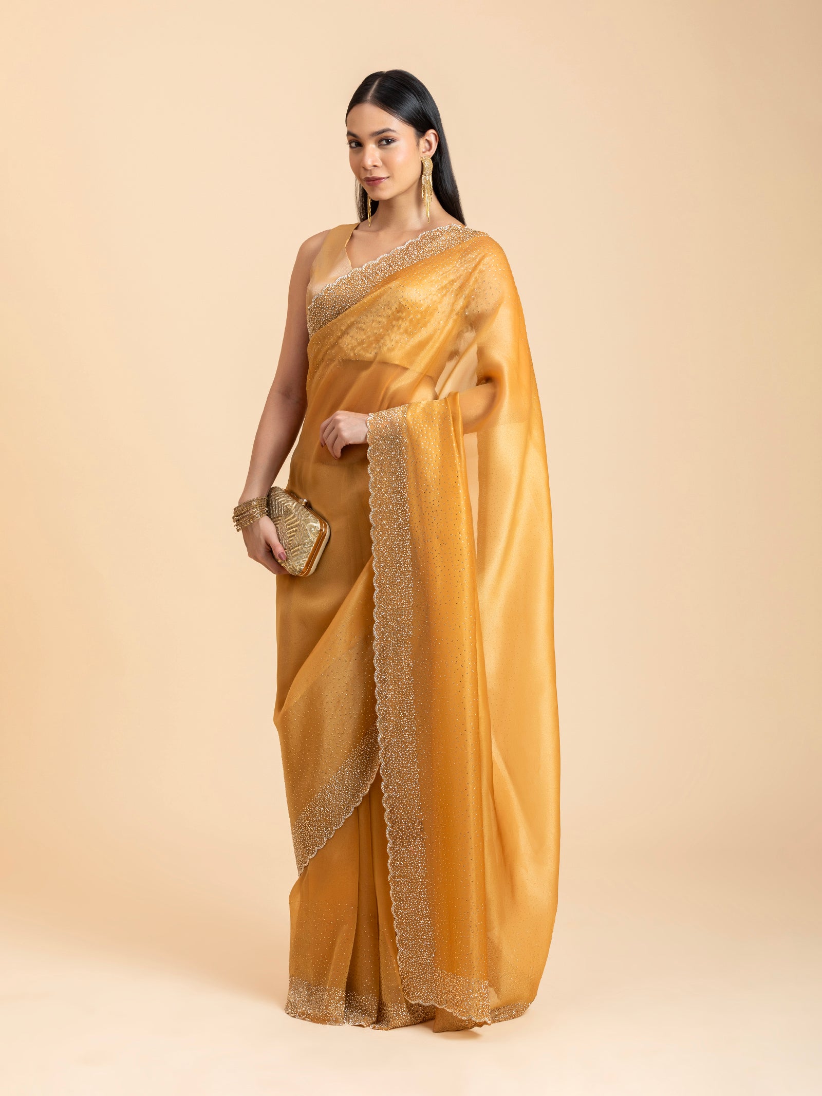 Amber Honey Scalloped Crystal Saree