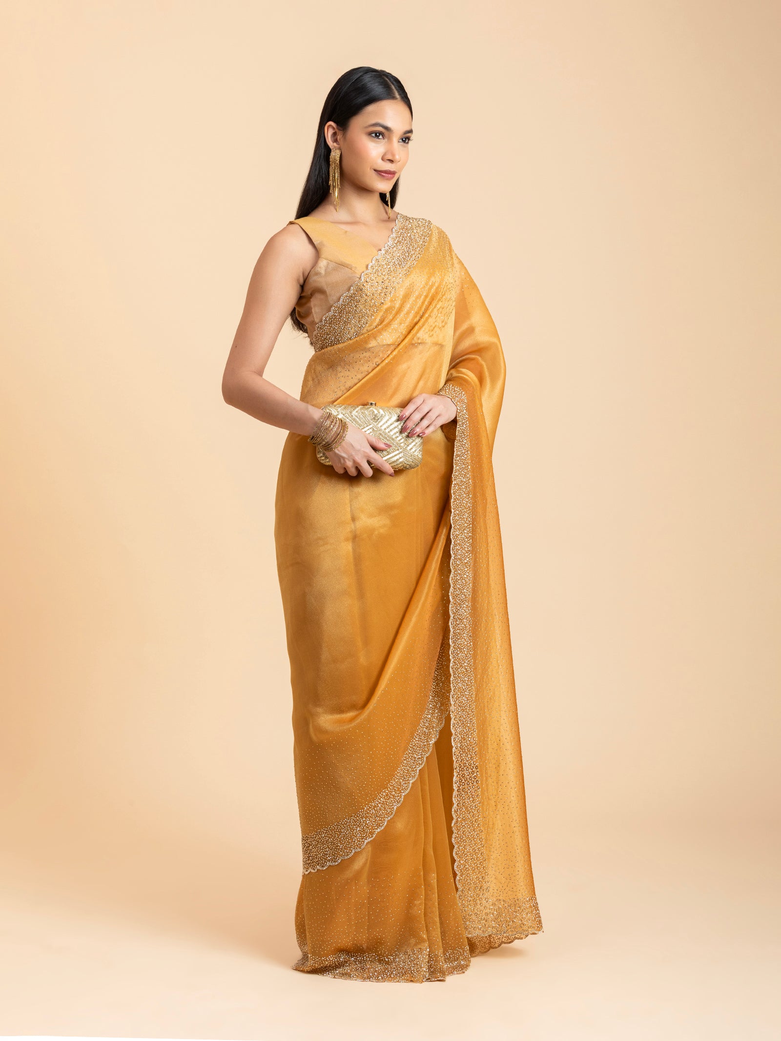Amber Honey Scalloped Crystal Saree