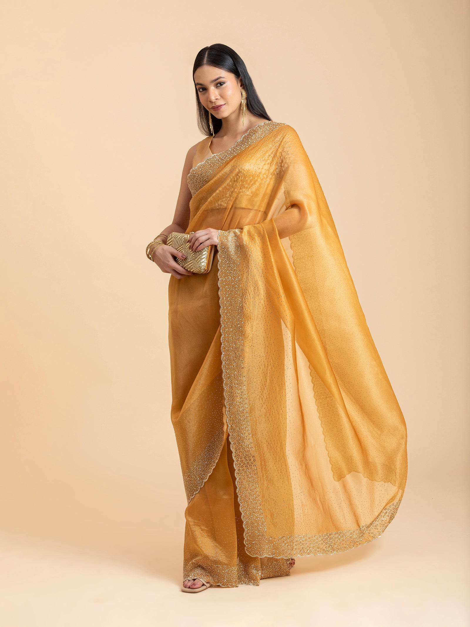 Amber Honey Scalloped Crystal Saree