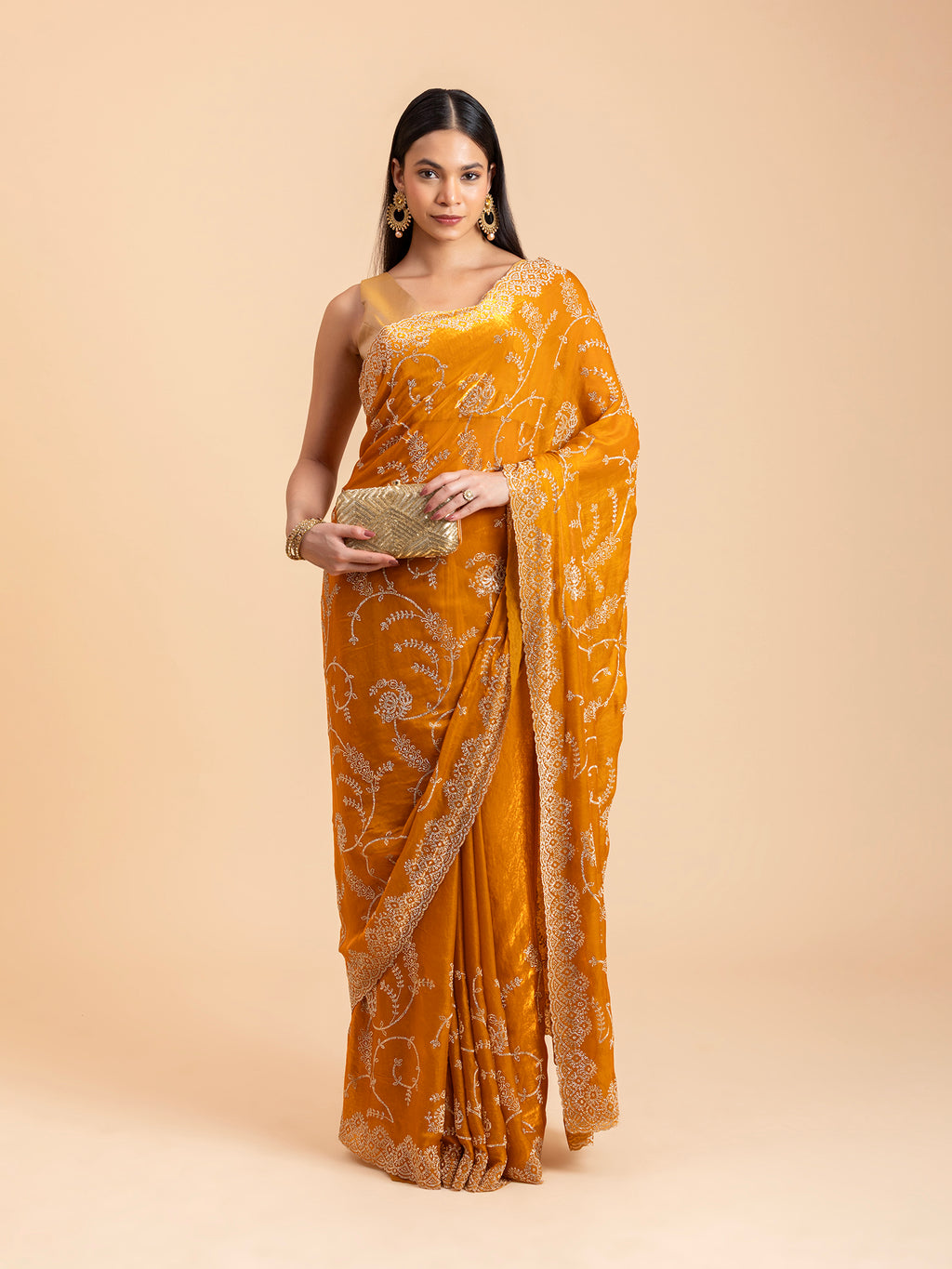 Ochre Mustard Vine & Scallop Saree