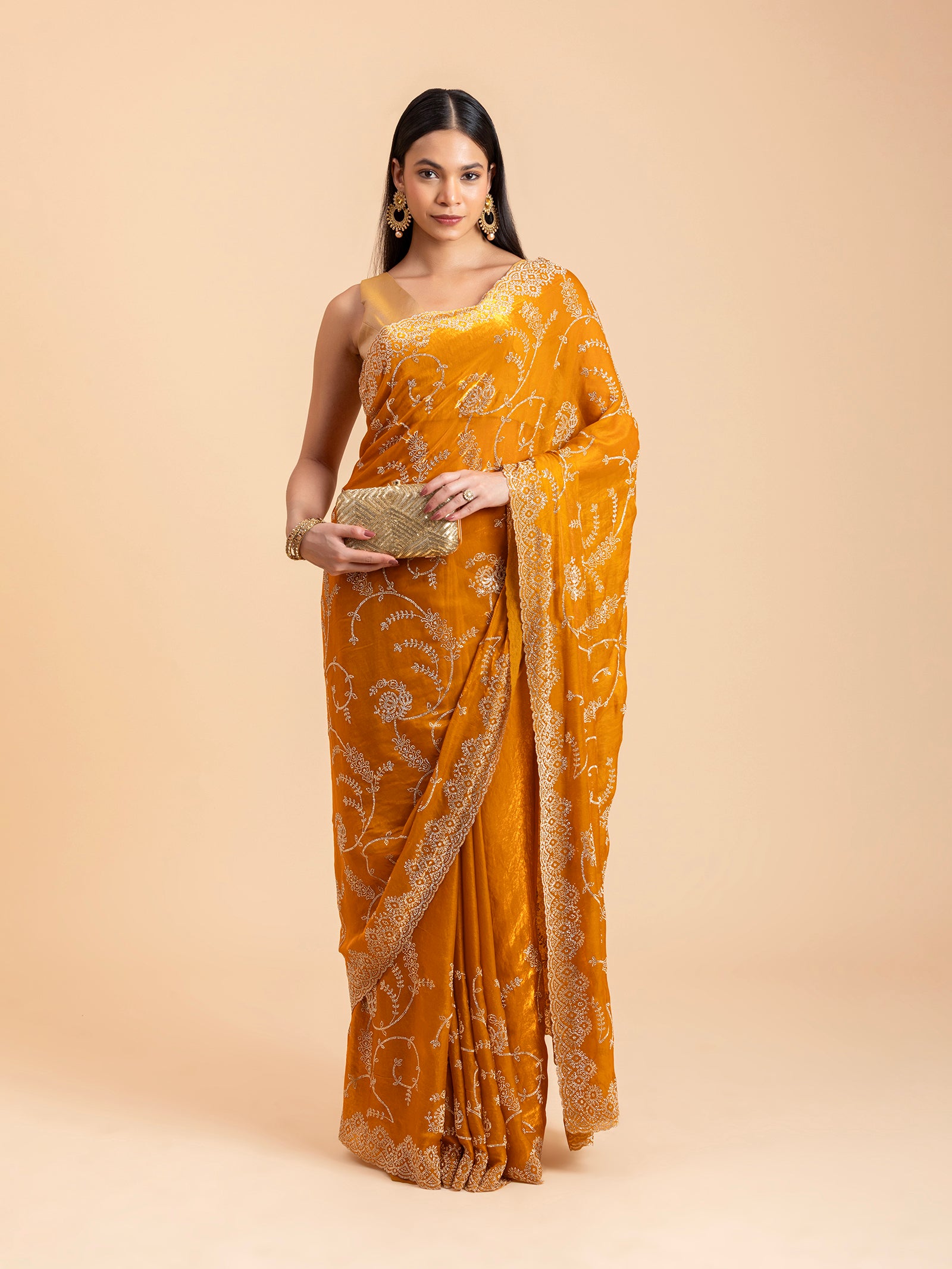 Ochre Mustard Vine & Scallop Saree