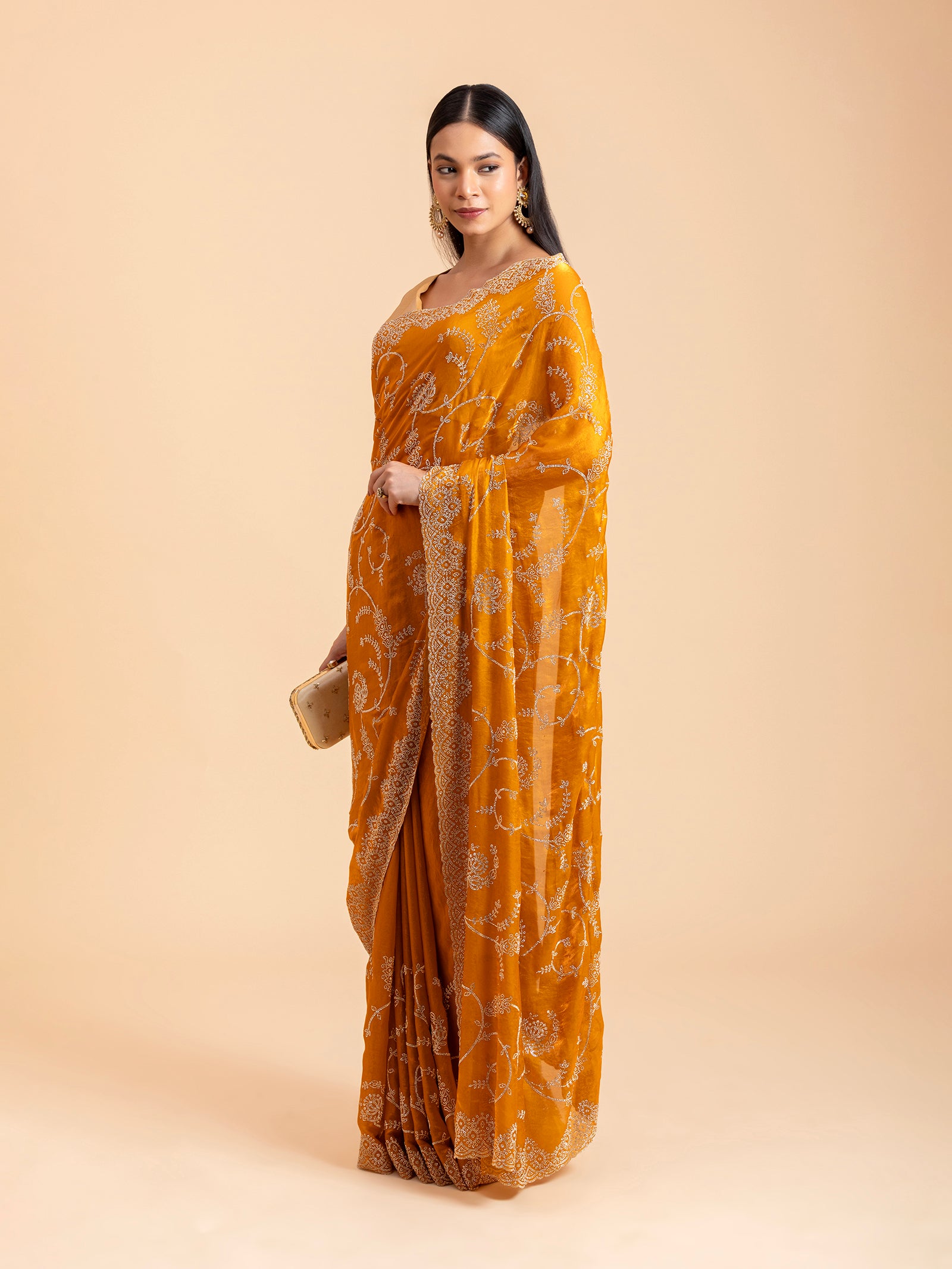 Ochre Mustard Vine & Scallop Saree