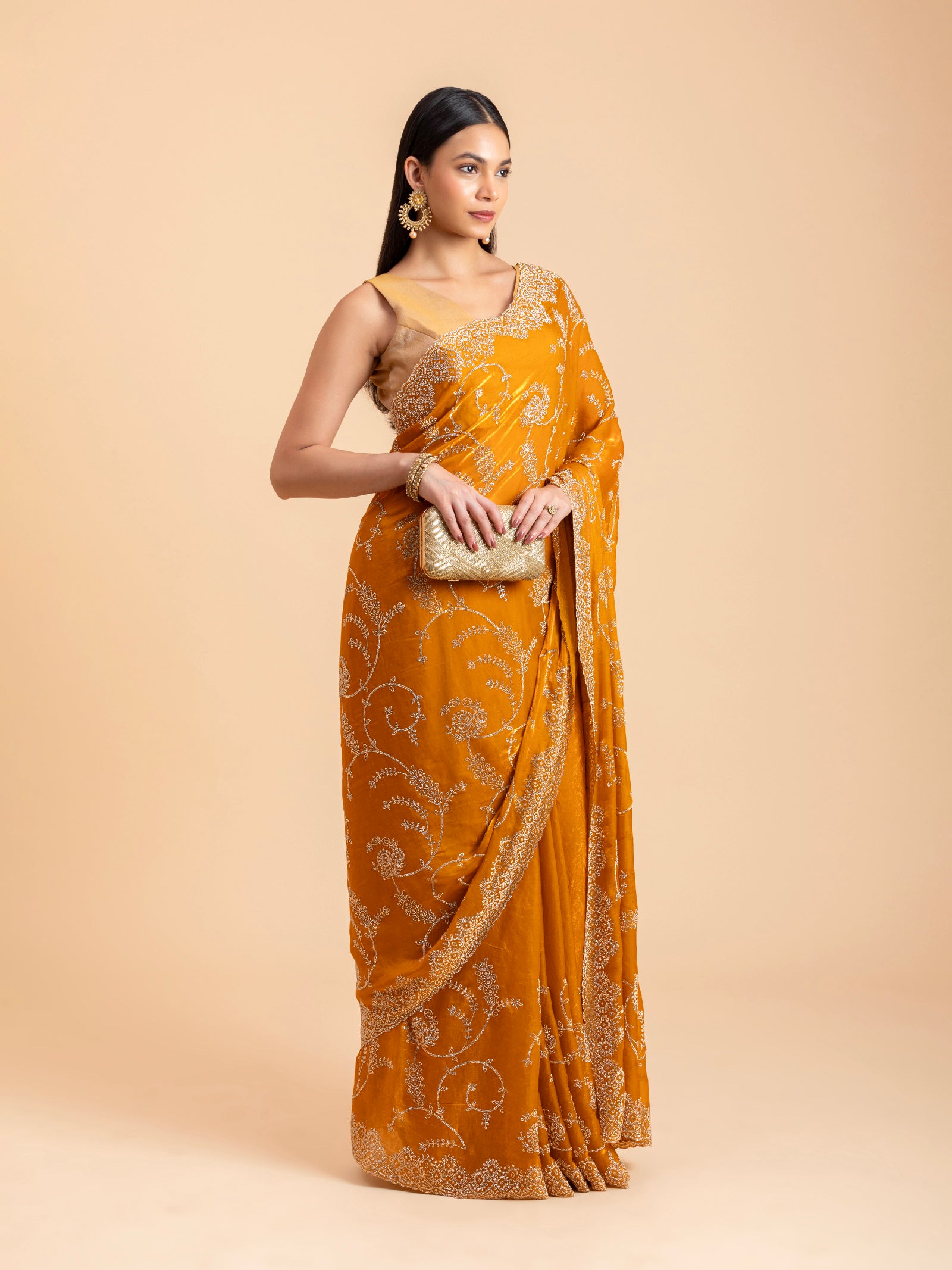 Ochre Mustard Vine & Scallop Saree