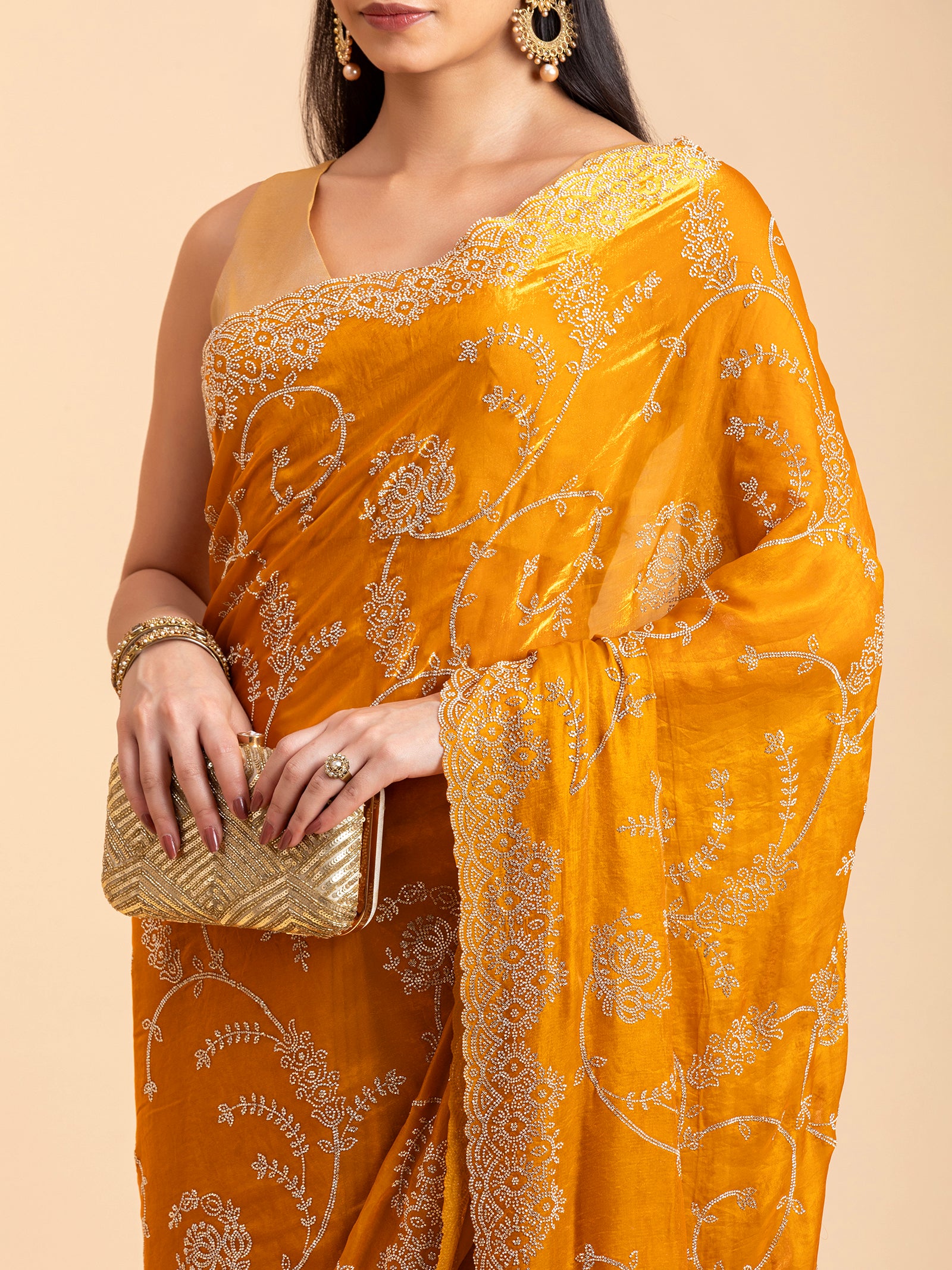 Ochre Mustard Vine & Scallop Saree