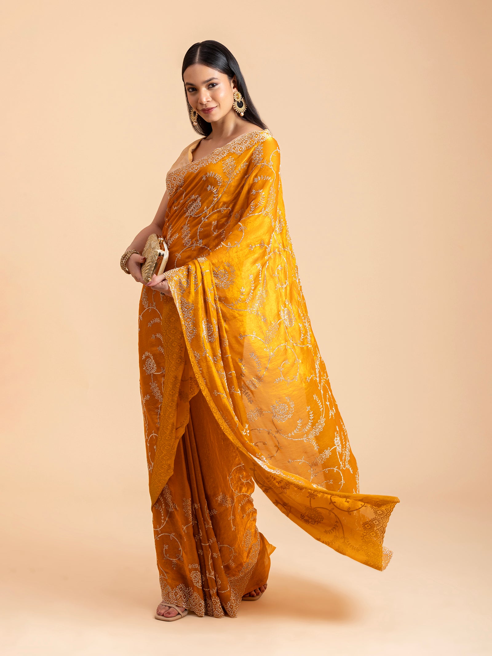 Ochre Mustard Vine & Scallop Saree