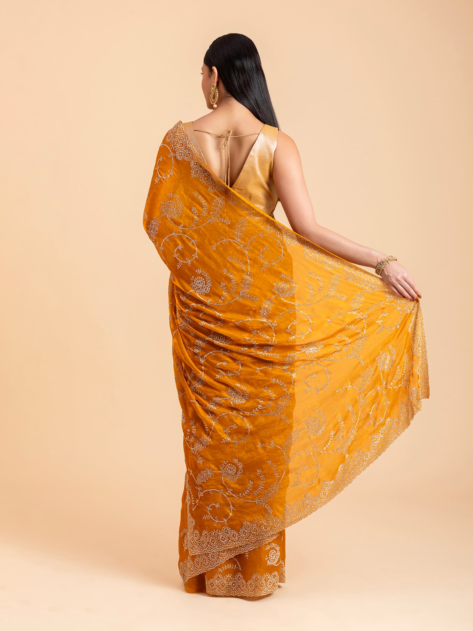 Ochre Mustard Vine & Scallop Saree