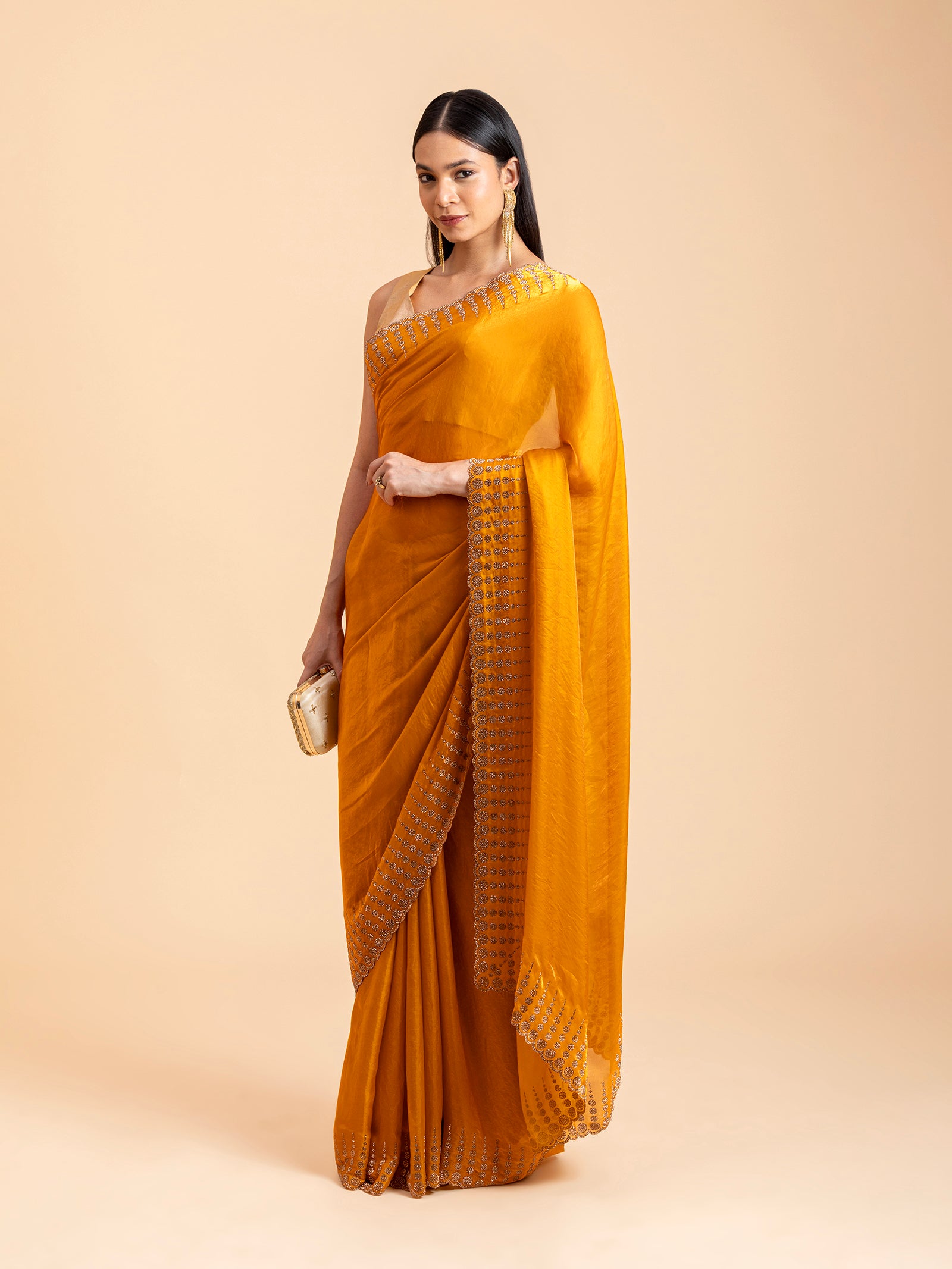 Tuscan Mustard Geometric Scalloped Saree