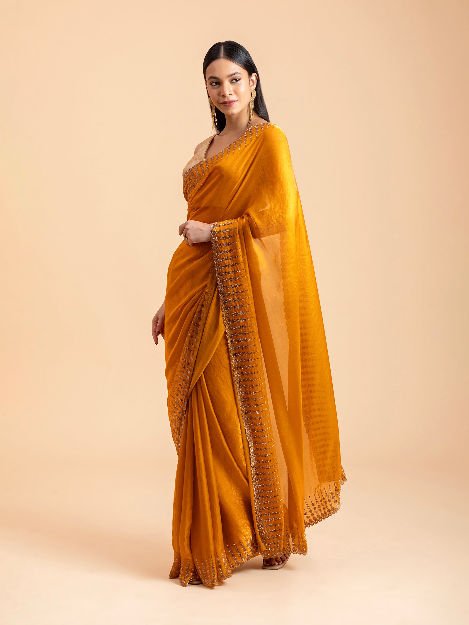 Tuscan Mustard Geometric Scalloped Saree
