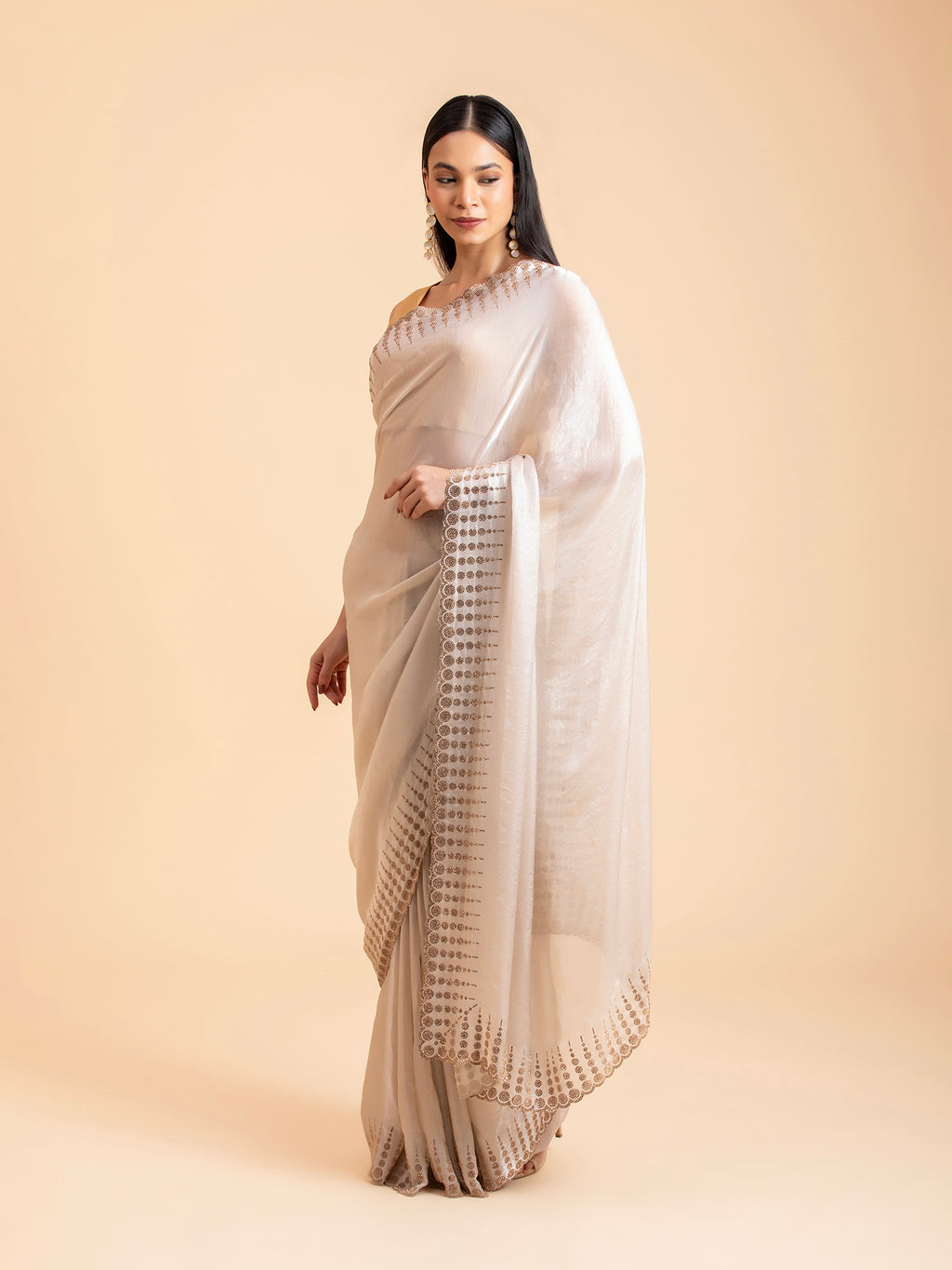 Ivory Cream Geometric Scalloped Saree