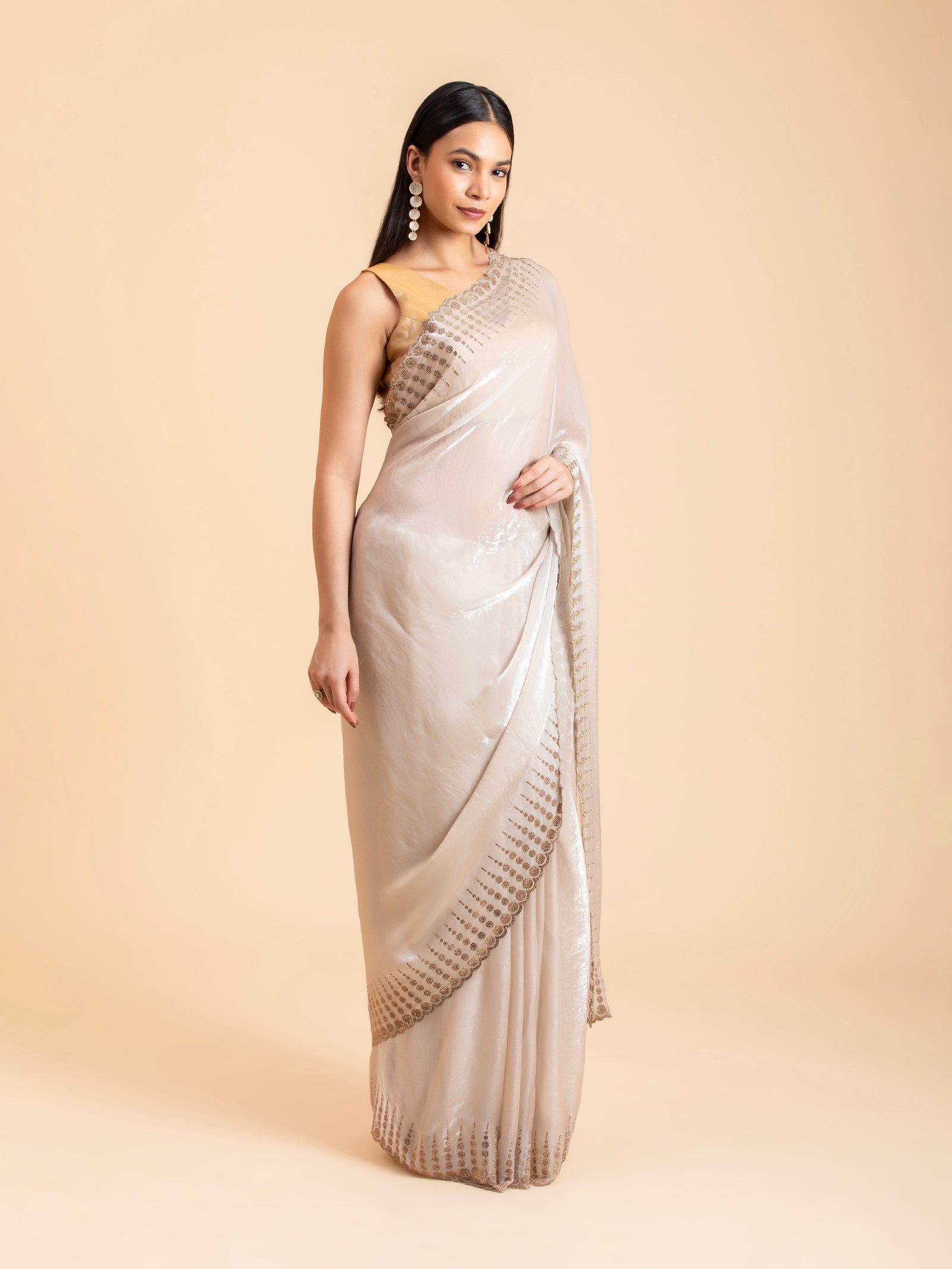 Ivory Cream Geometric Scalloped Saree