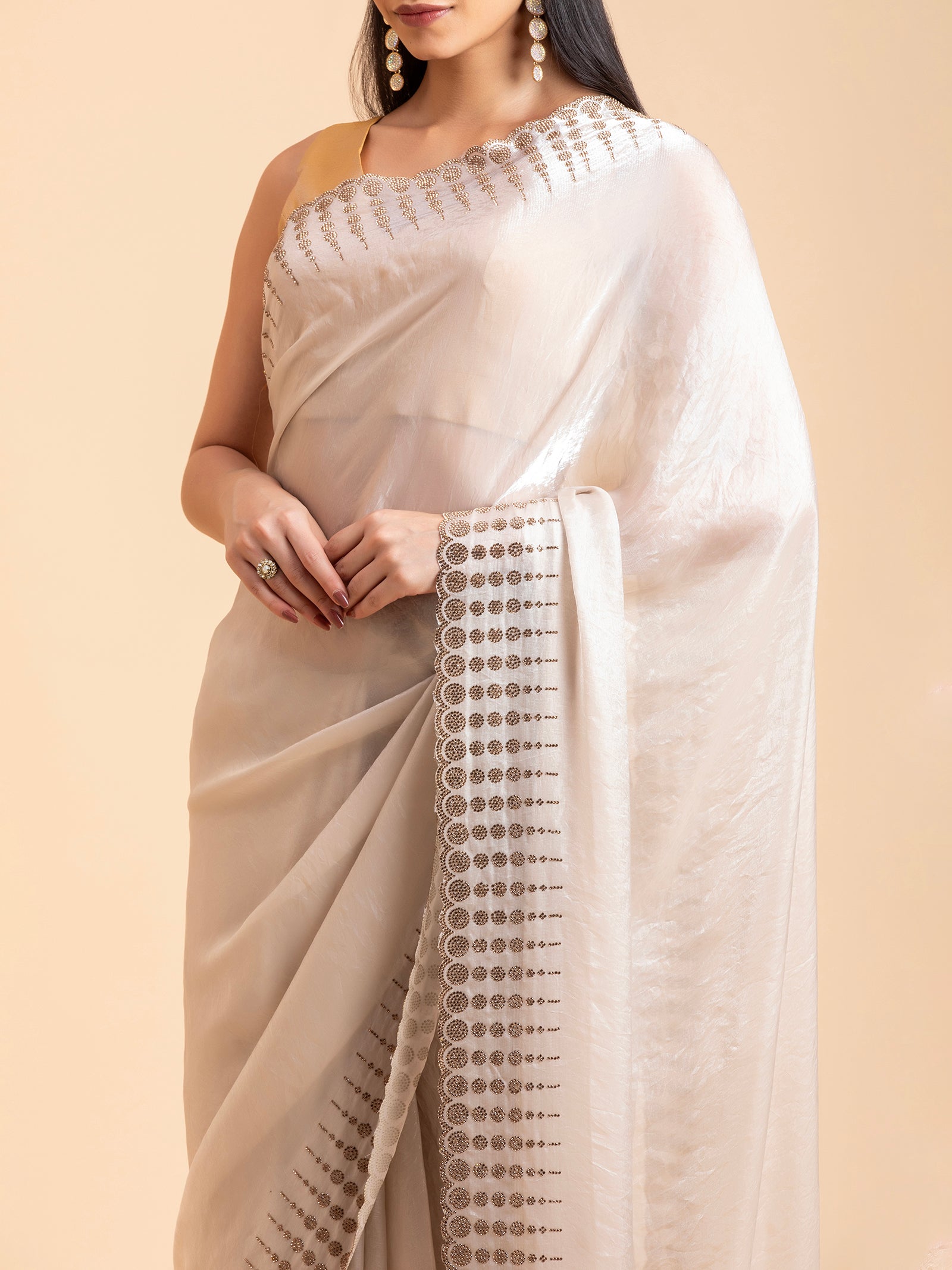 Ivory Cream Geometric Scalloped Saree