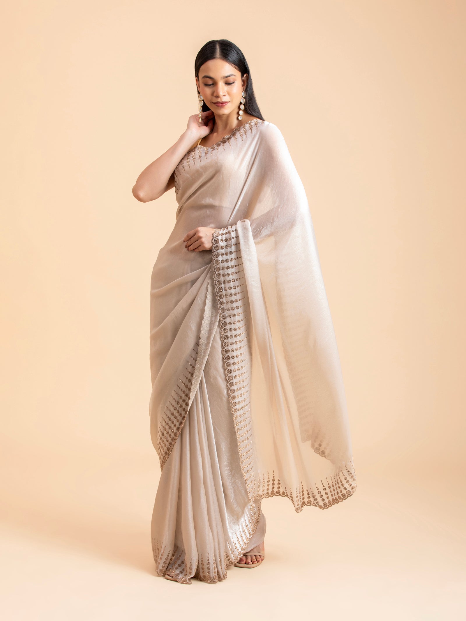 Ivory Cream Geometric Scalloped Saree